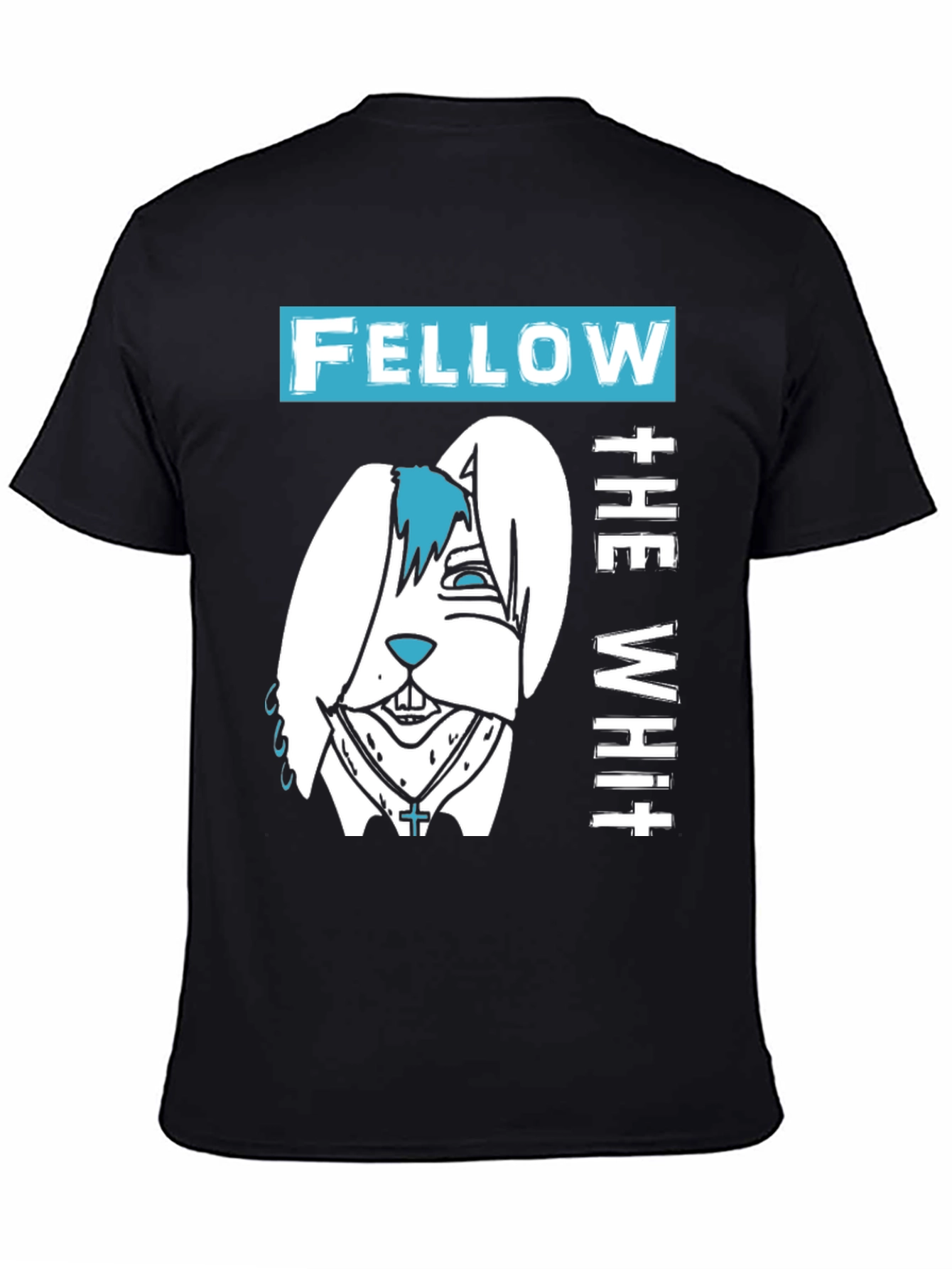 Black Fellow The White T-Shirt with Cartoon Bunny Design view 4