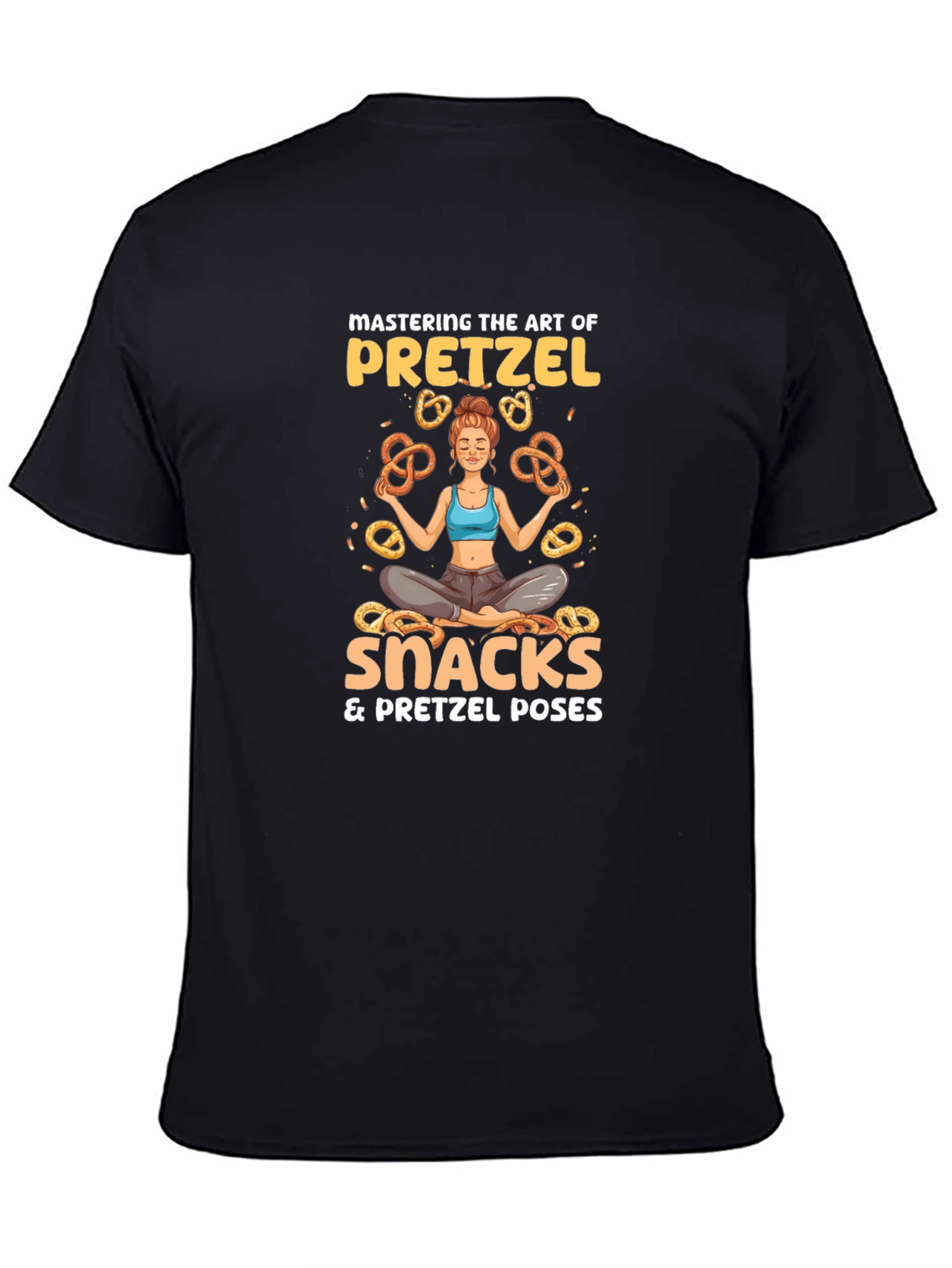 Black Pretzel Lover T-Shirt - Snacks & Yoga Poses view 4