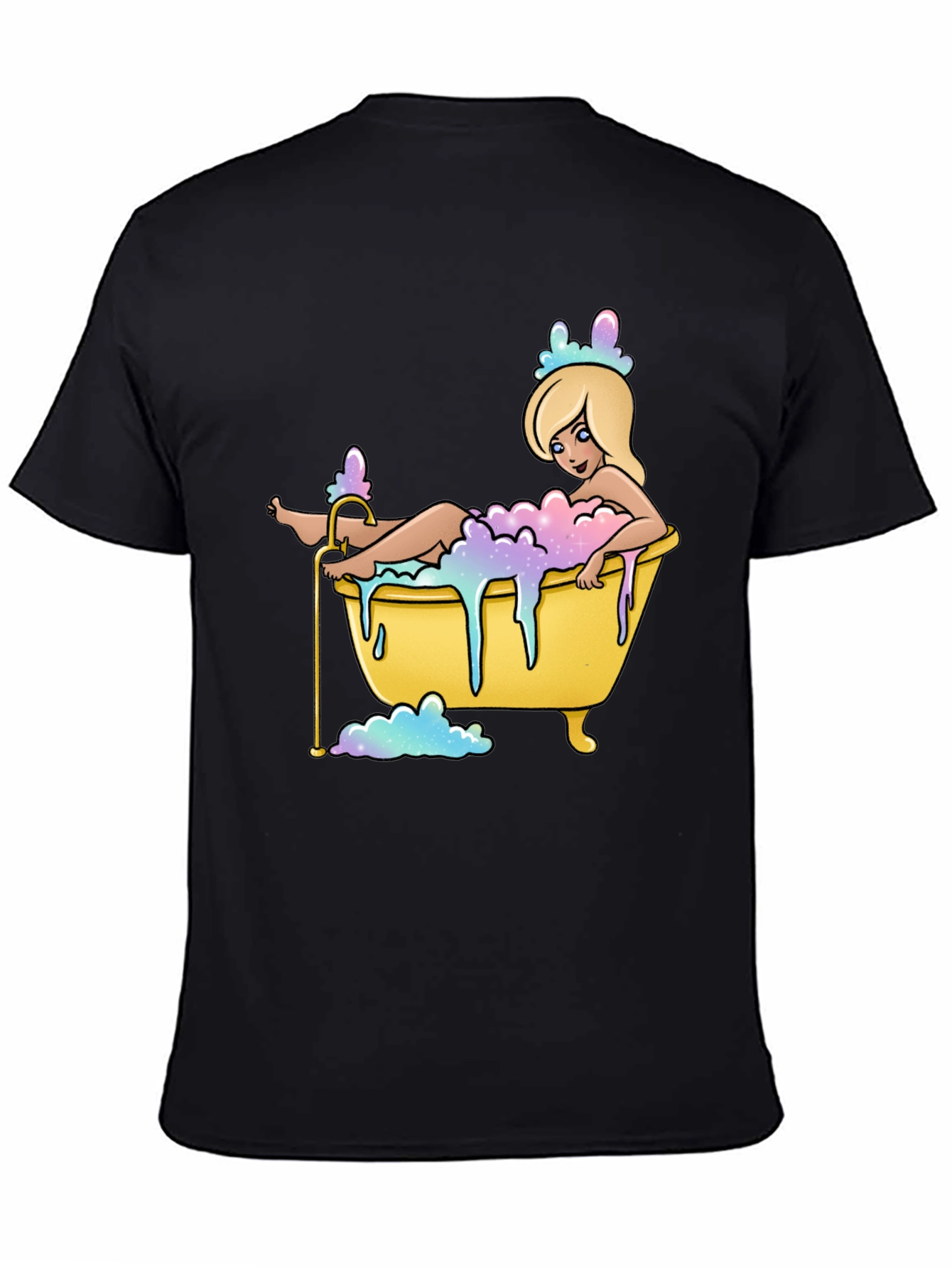Black Cartoon Girl Bathtub T-Shirt - Black Cotton Tee view 4