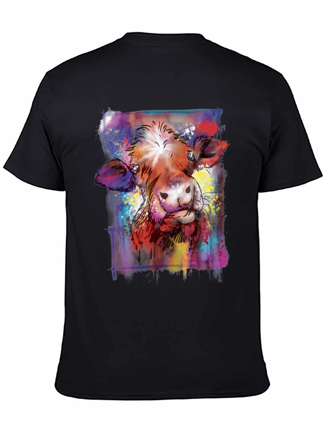 Black Colorful Cow Art Graphic Print Black T-Shirt view 4