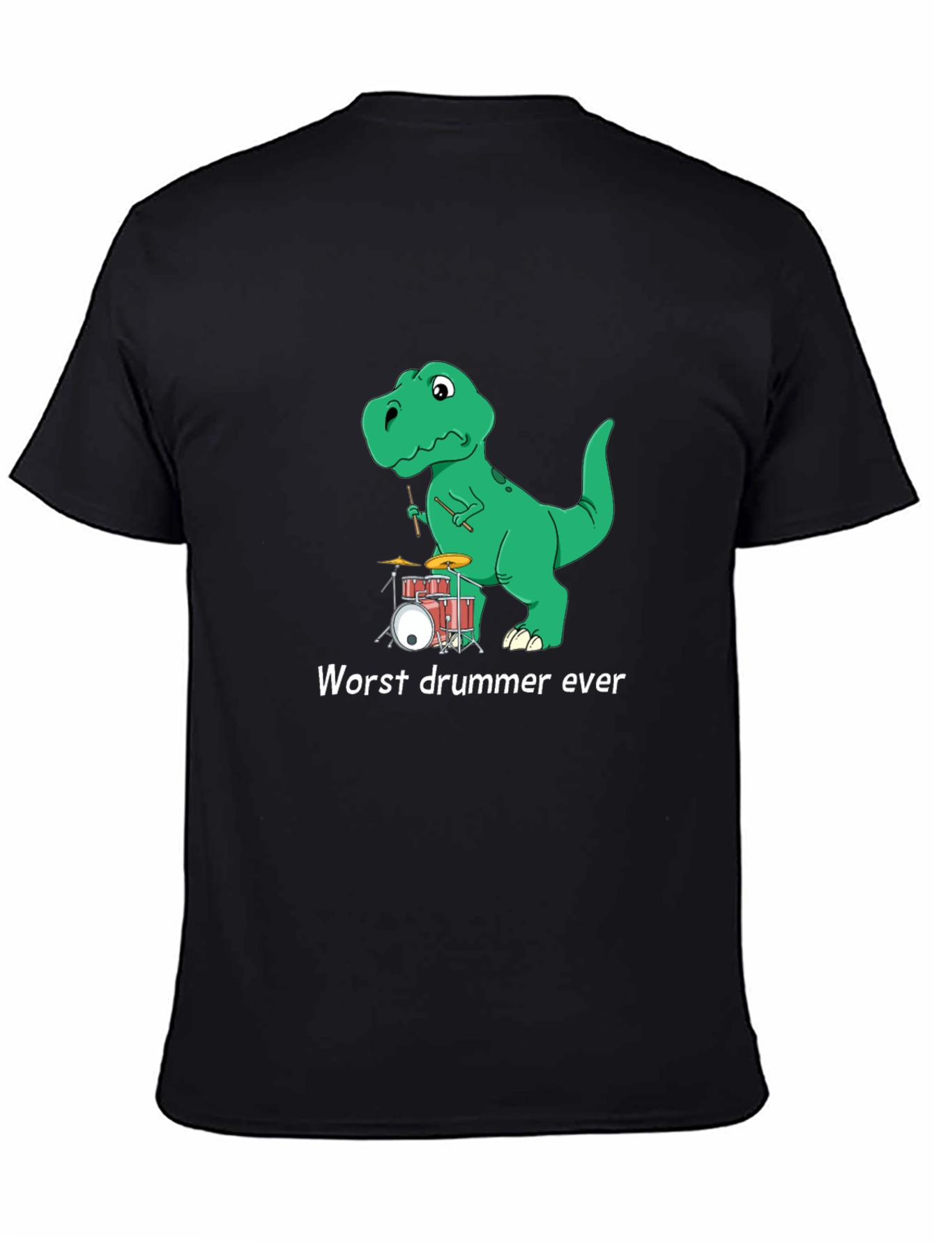 Black Dinosaur Drummer T-Shirt - "Worst Drummer Ever" Graphic Tee view 4
