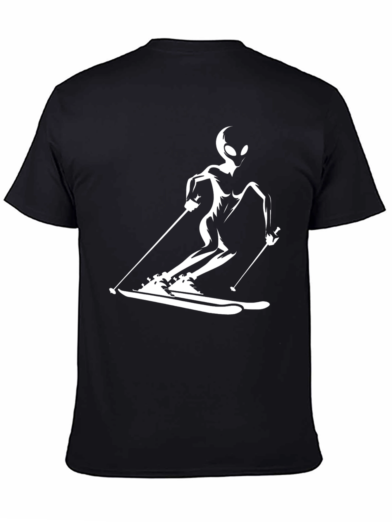 Black Skiing Alien Graphic Tee - Black Cotton Casual T-Shirt view 4