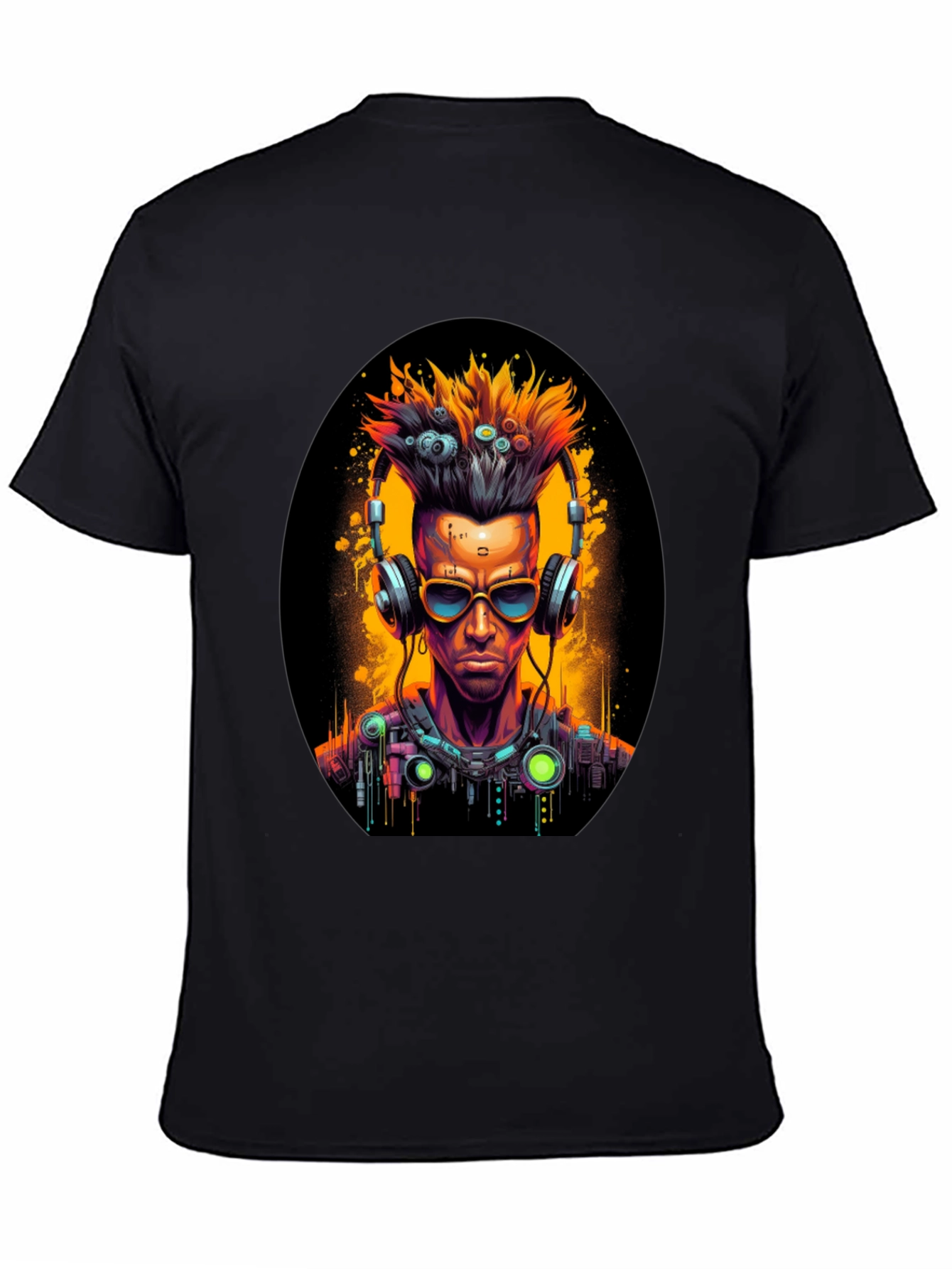 Black Cyberpunk Gamer T-Shirt: Futuristic Headphone Design view 4