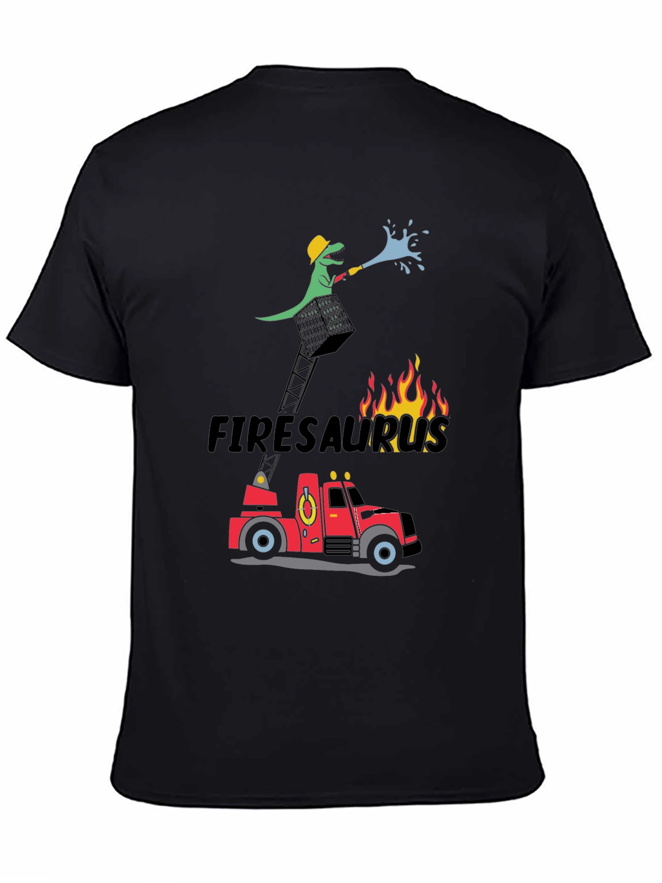 Black Firesaurus Cartoon Graphic T-Shirt view 4
