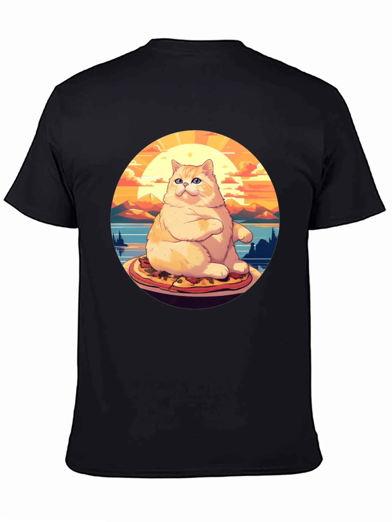 Black Pizza Cat T-Shirt: Sunset Vibes view 4