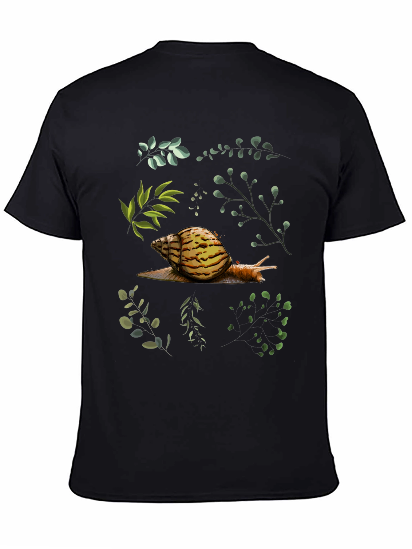 Black Snail & Botanical Print Black T-Shirt view 4