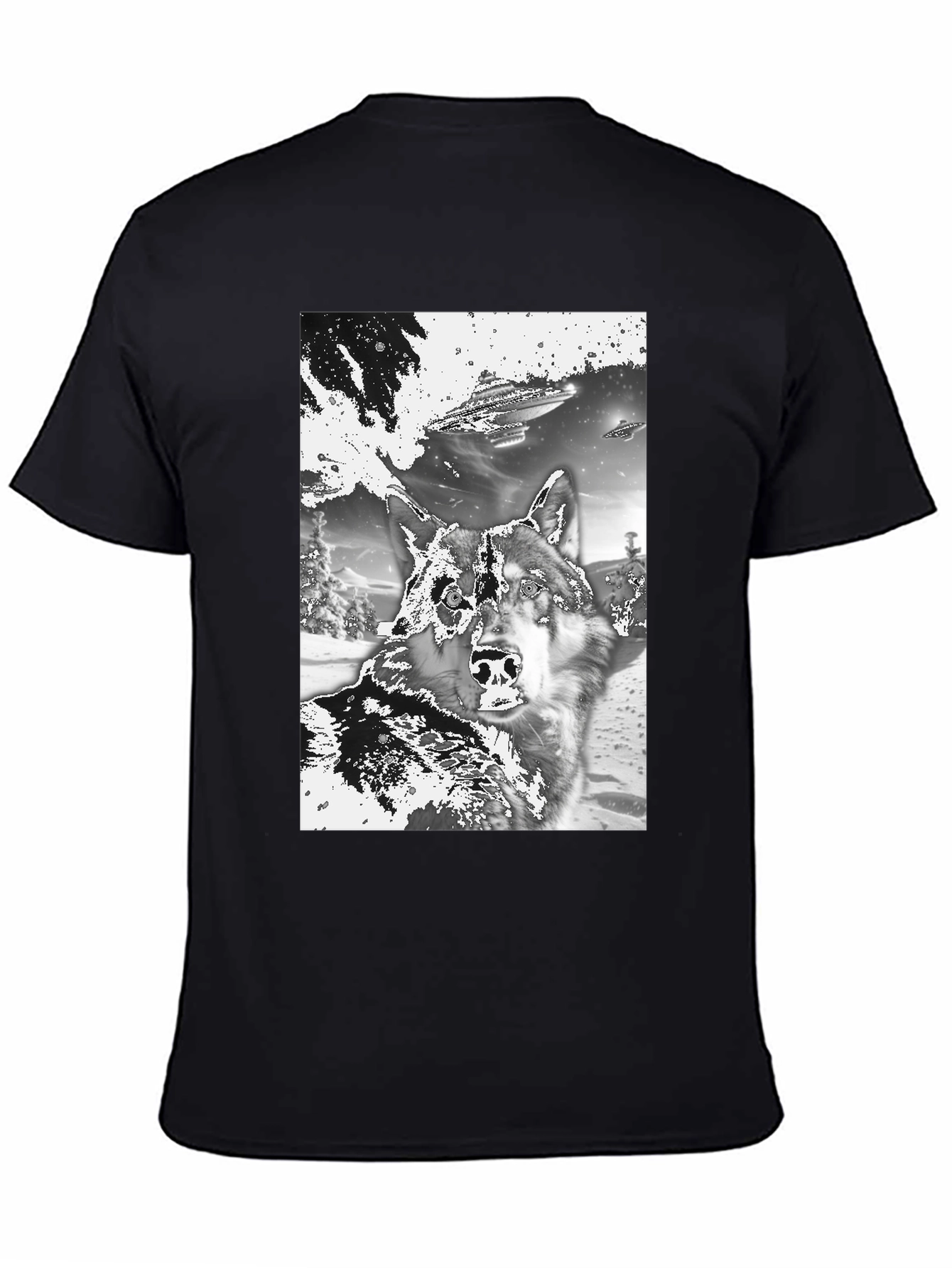 Black Wolf & UFO Graphic T-Shirt - Black Crew Neck Tee view 4