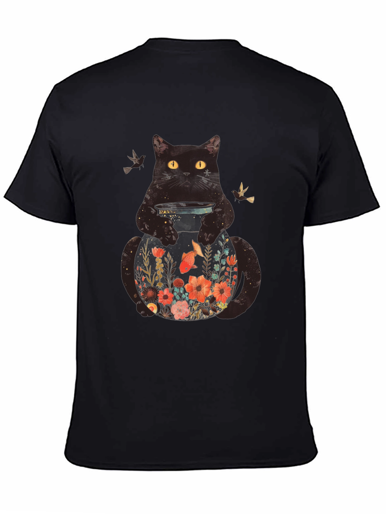 Black Floral Cat Graphic T-Shirt - Unique Animal Design view 4