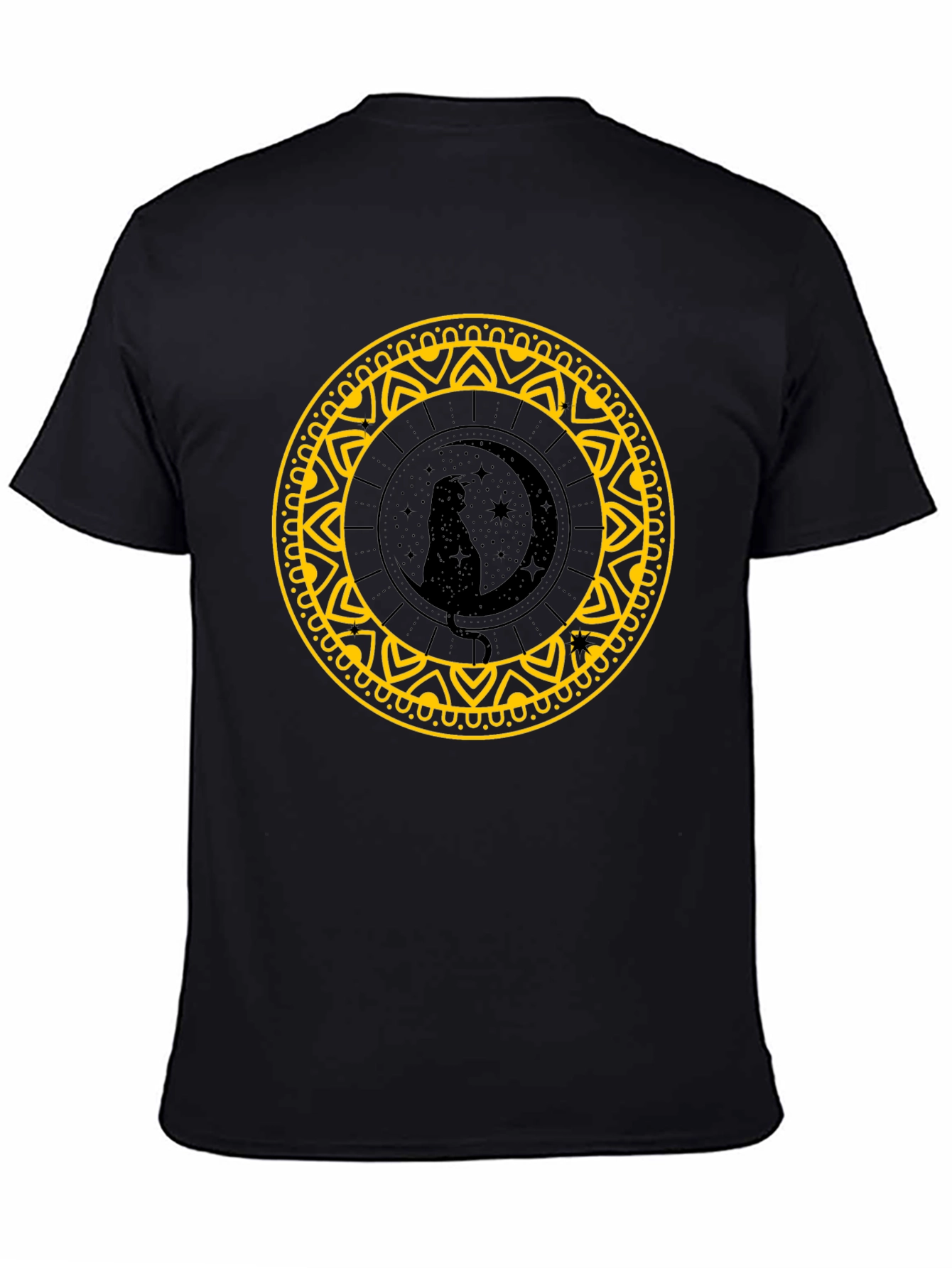 Black Cat Moon Mandala Black T-Shirt view 4