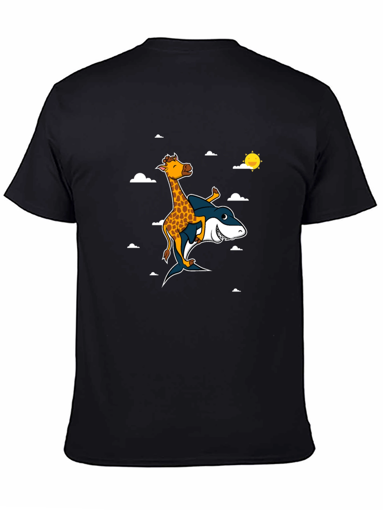 Black Giraffe Riding Shark T-Shirt: Funny Graphic Tee view 4