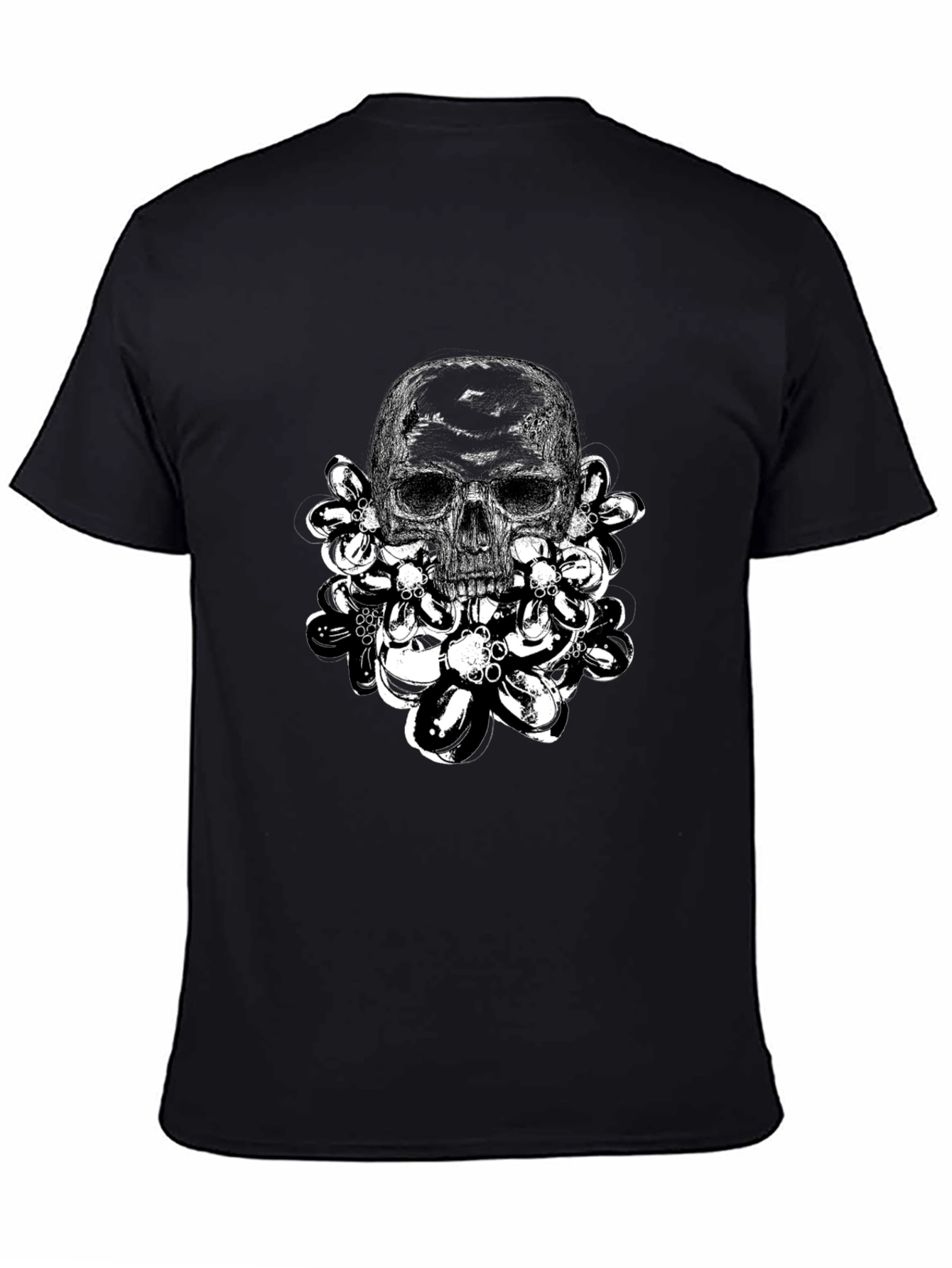 Black Skull & Flowers Graphic Tee - Edgy Black Cotton T-Shirt view 4