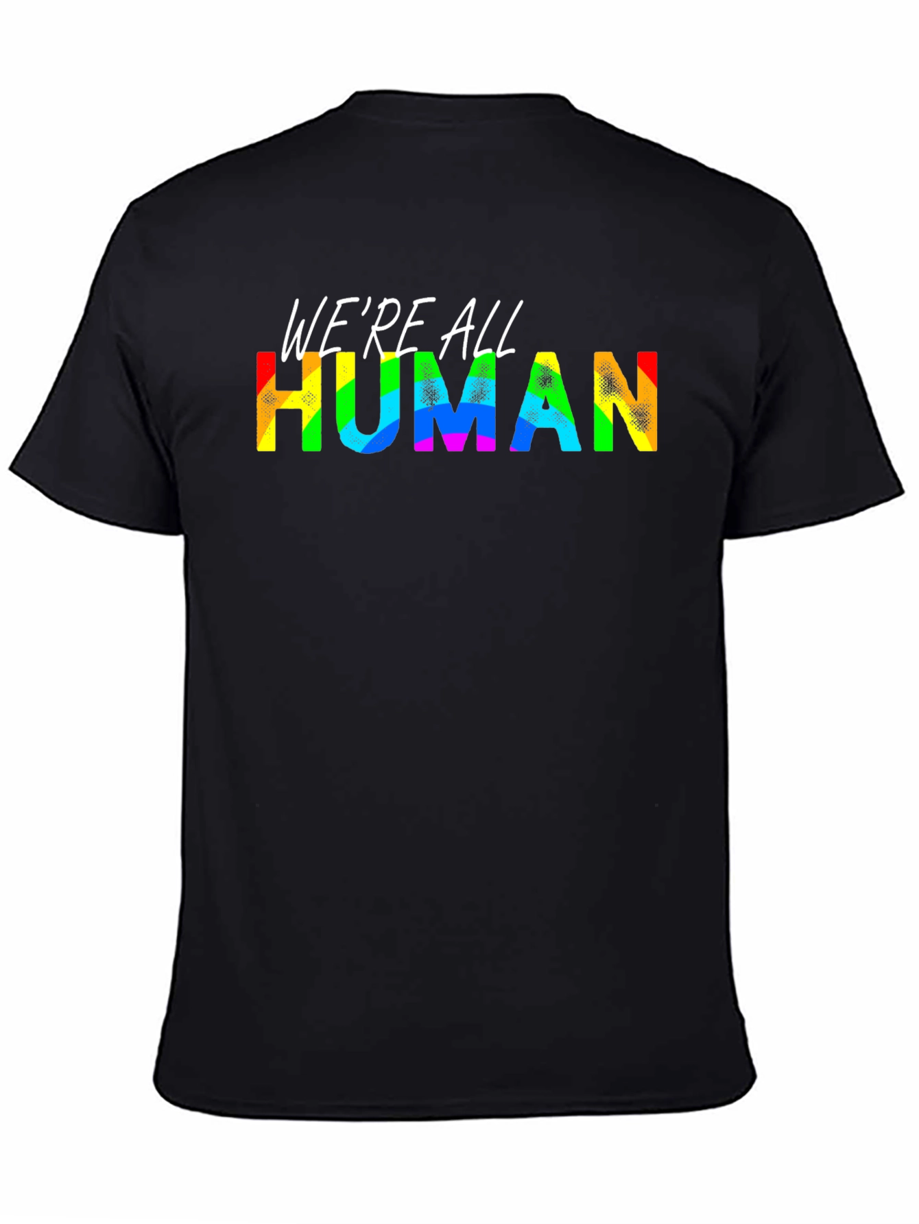 Black We're All Human Pride T-Shirt - Rainbow Text view 4