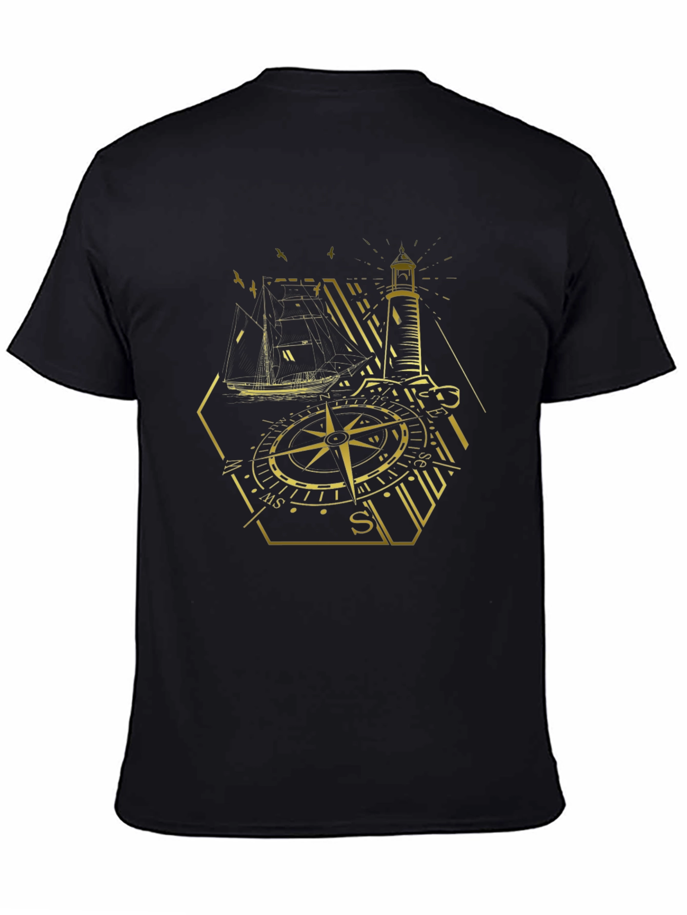 Black Nautical Compass Lighthouse Graphic Tee - Black view 4