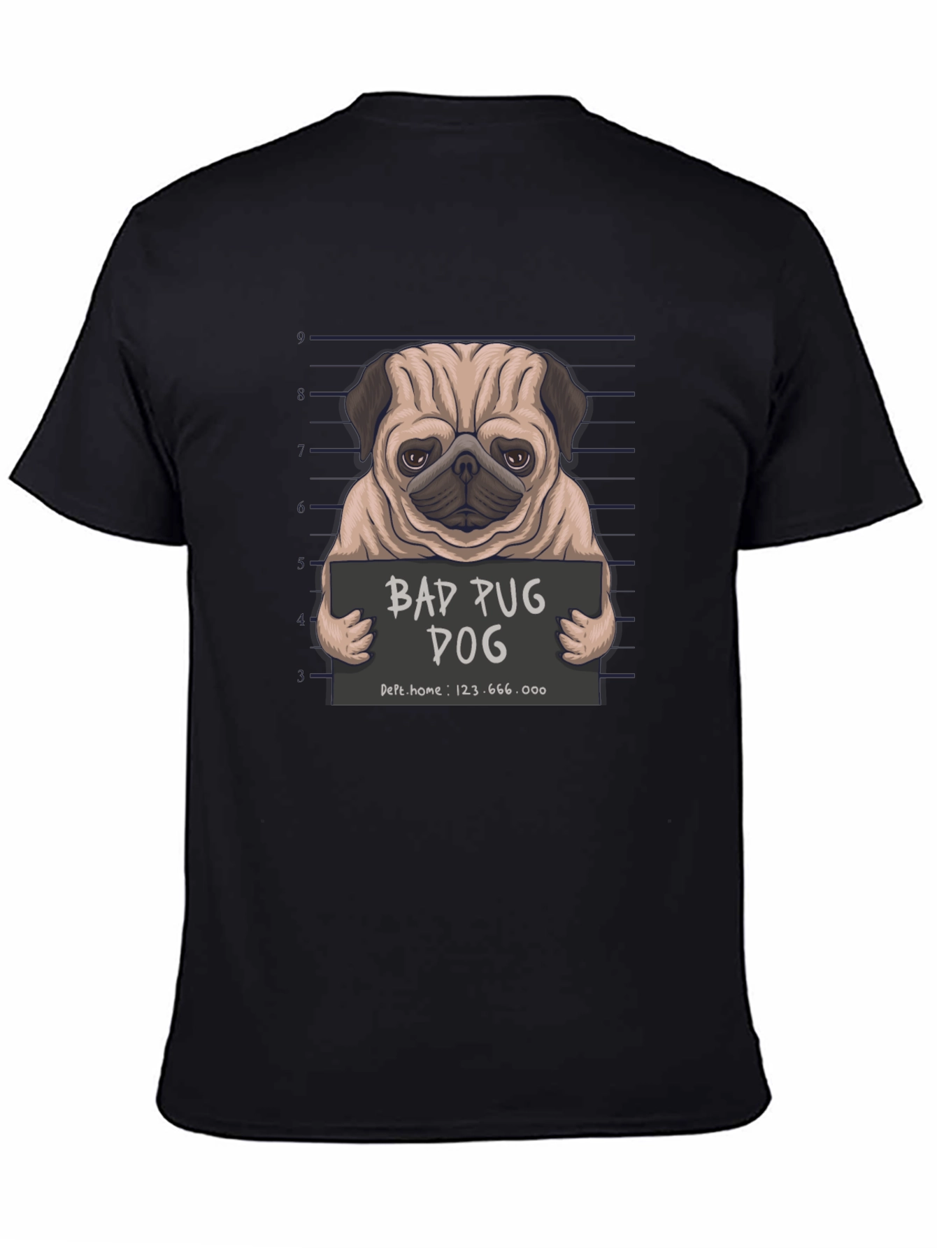 Black Bad Pug Dog T-Shirt - Funny Mugshot Design view 4