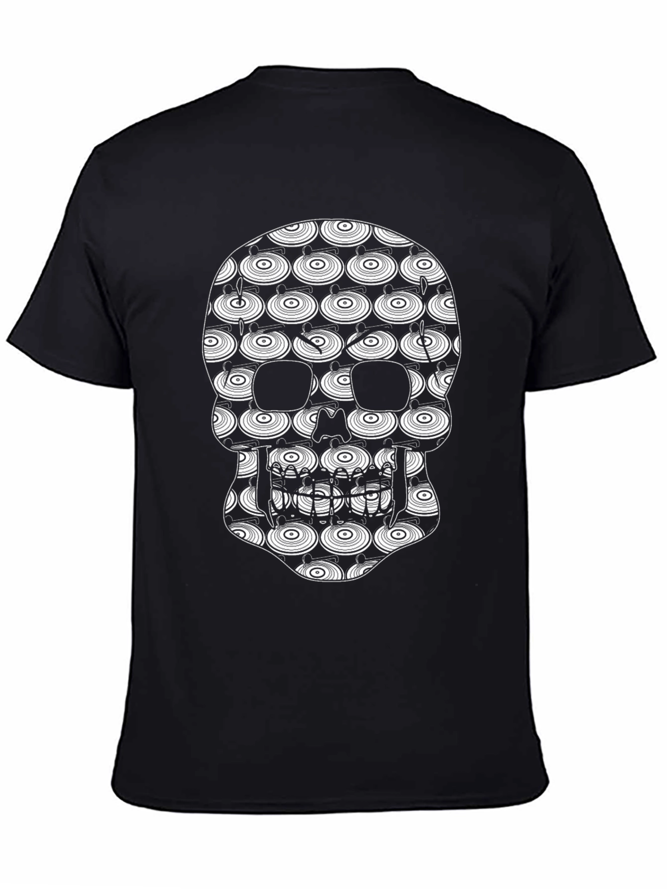 Black Skull Vinyl Record Pattern Black T-Shirt view 4