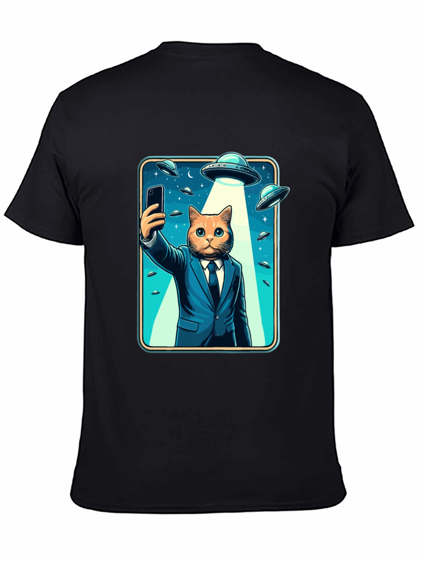Black Cat in Suit UFO Selfie Graphic T-Shirt view 4