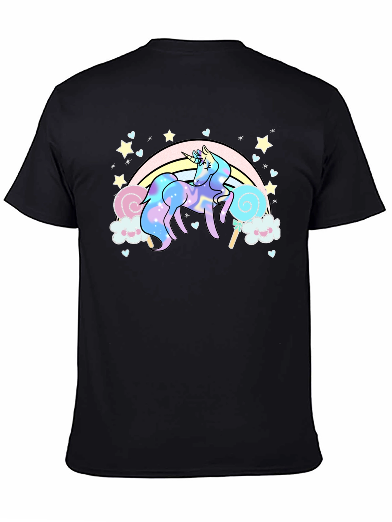 Black Unicorn Rainbow T-Shirt, Black Cotton Tee view 4