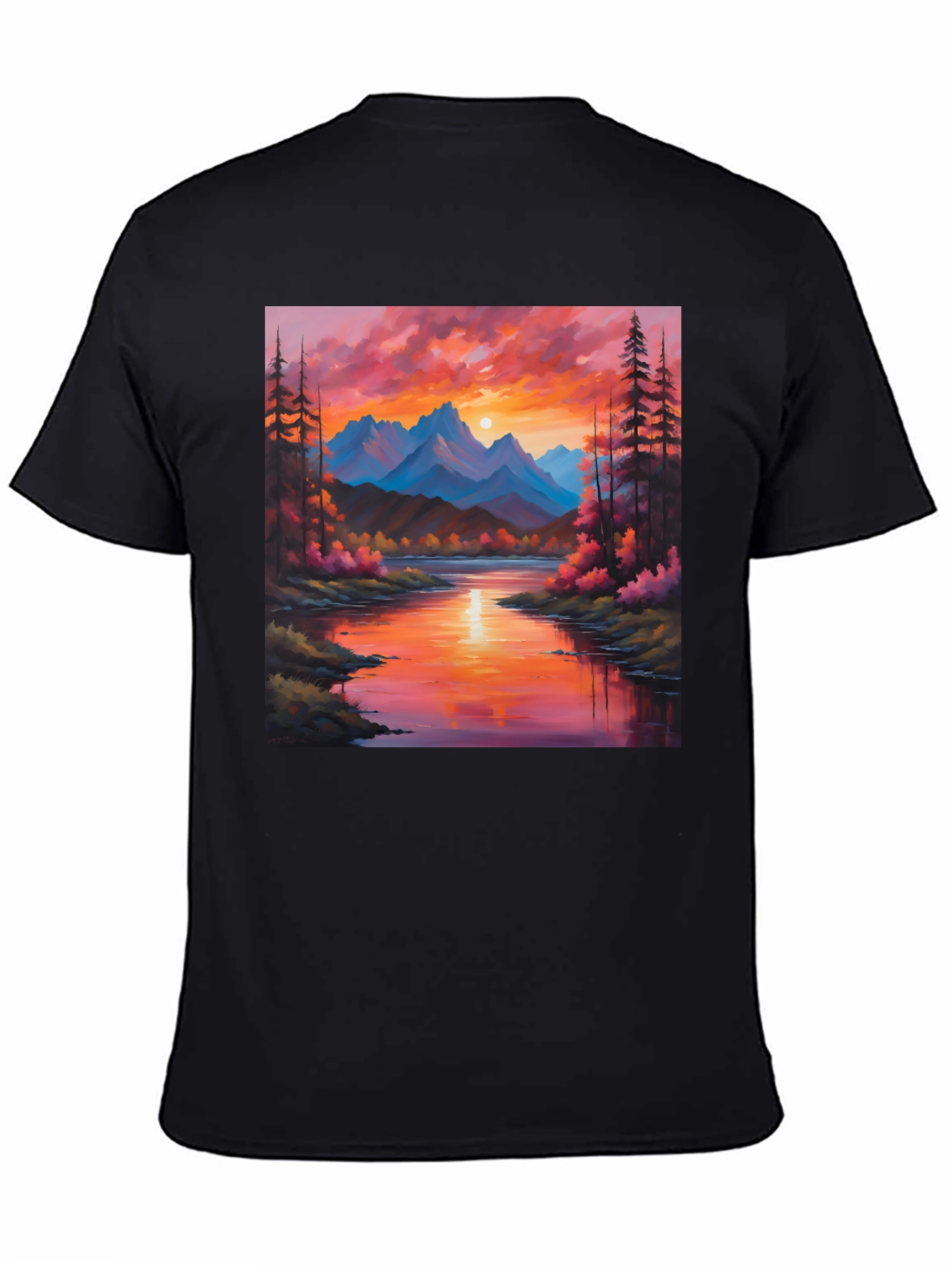 Black Sunset Mountain River Painting Graphic Tee view 4