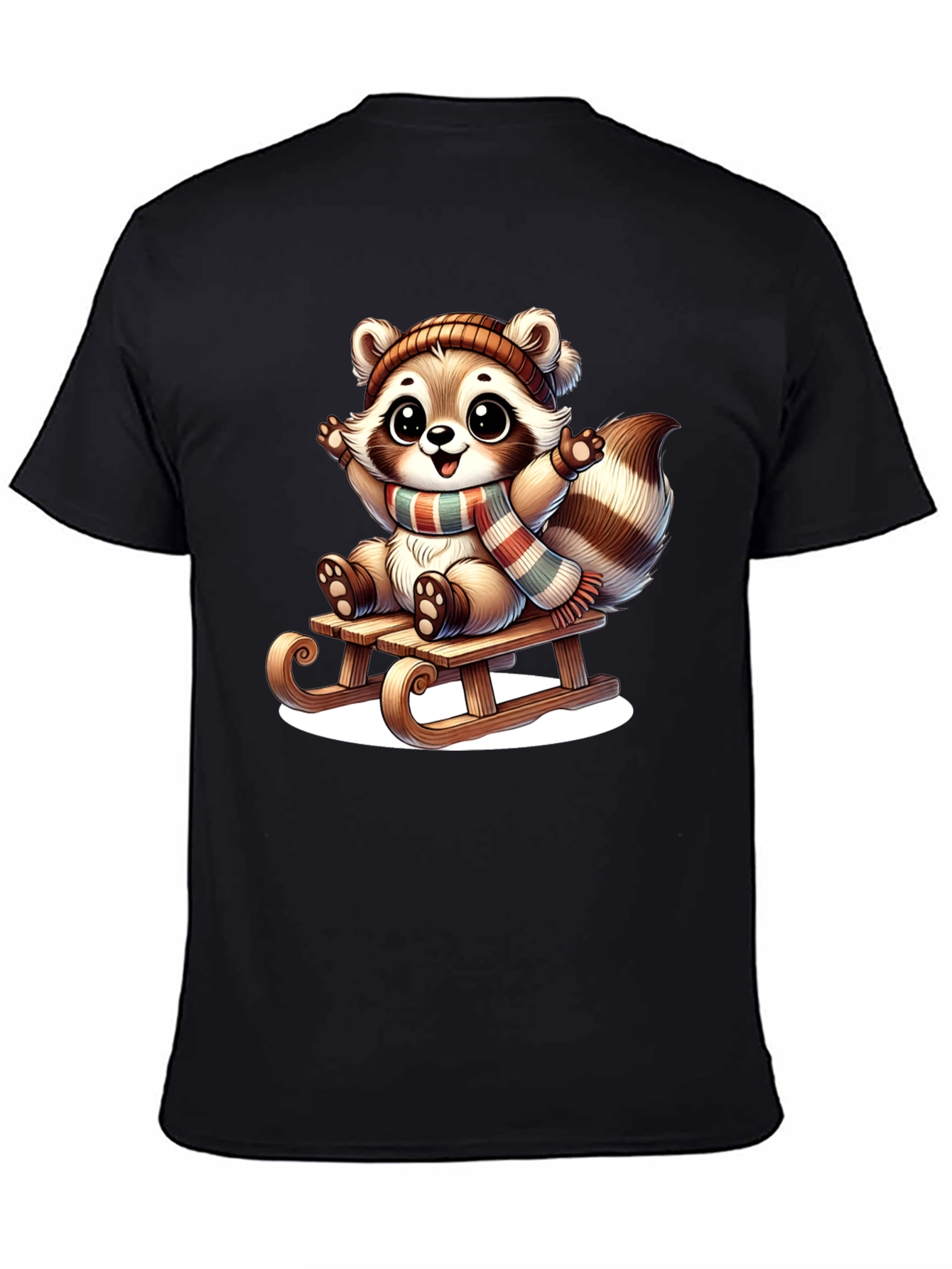 Black Cute Raccoon Sledding Graphic Tee view 4