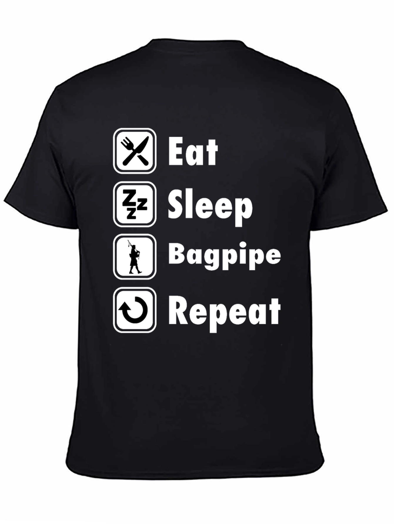 Black Eat Sleep Bagpipe Repeat T-Shirt - Black Cotton Tee view 4