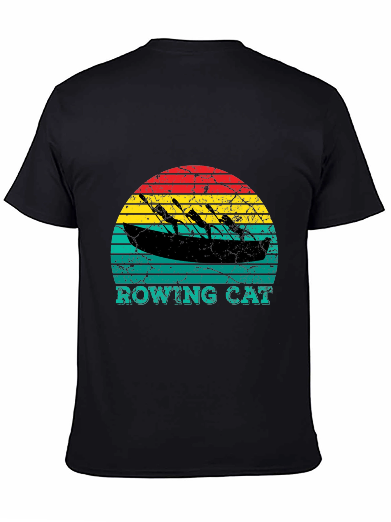 Black Rowing Cat T-Shirt - Vintage Style Tee view 4