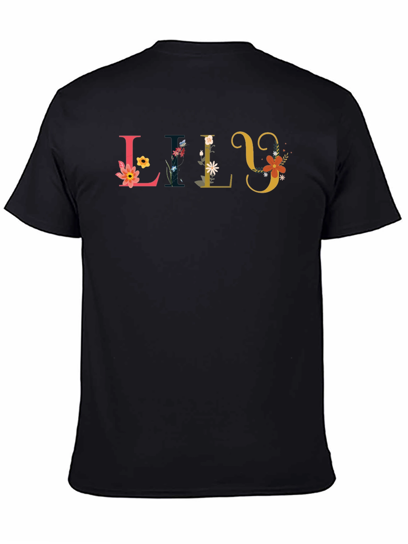 Black Floral Lily Personalized Black T-Shirt view 4