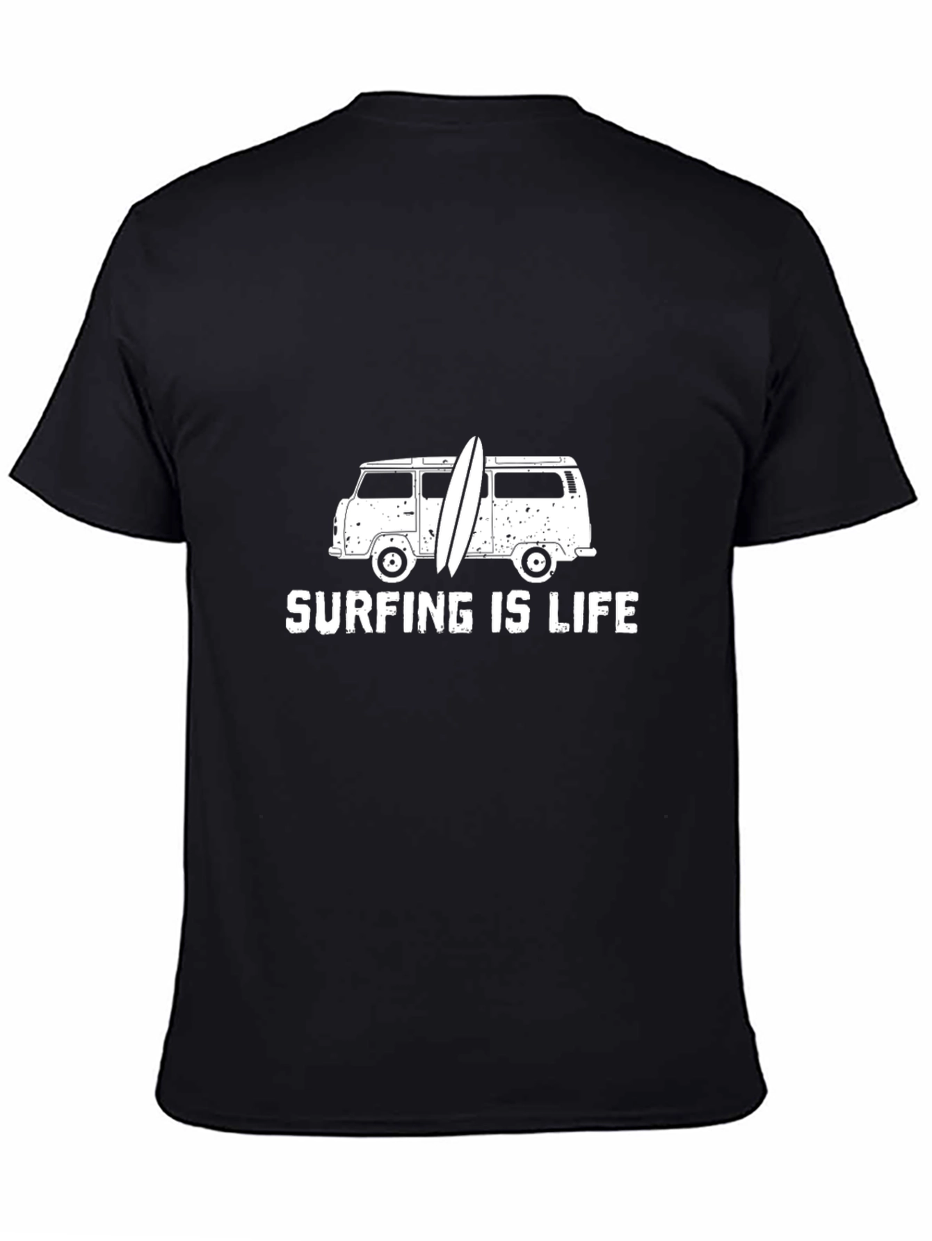 Black Surfing is Life T-Shirt - Black Tee with Vintage Van Graphic view 4