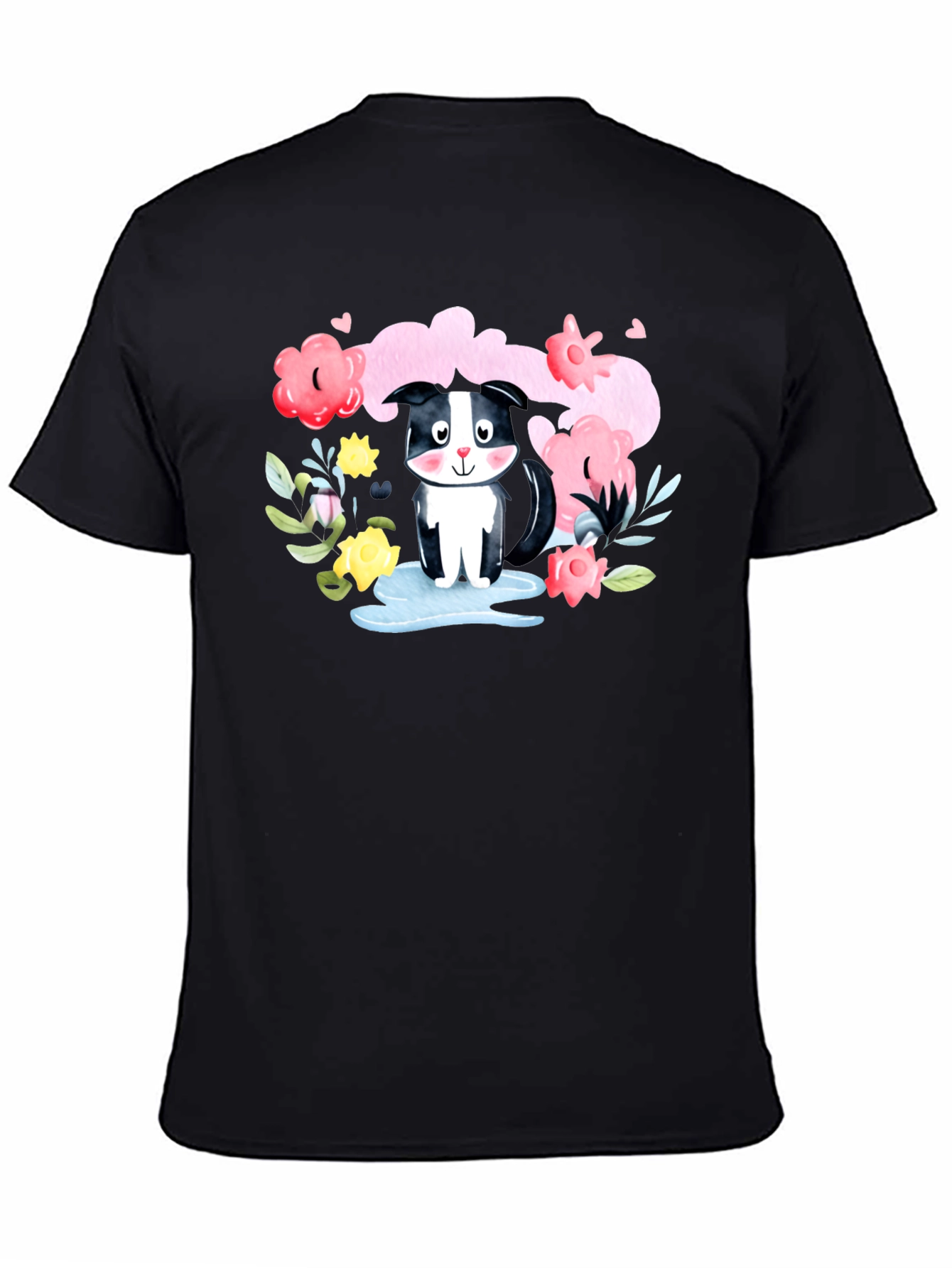 Black Cute Skunk in Watercolor Floral T-Shirt view 4