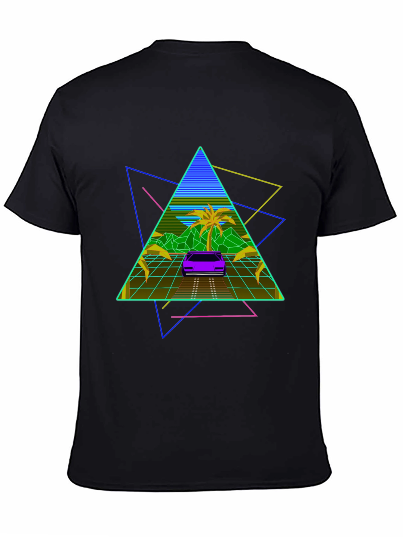 Black Retro Wave T-Shirt: 80s Style Car & Triangle Design view 4