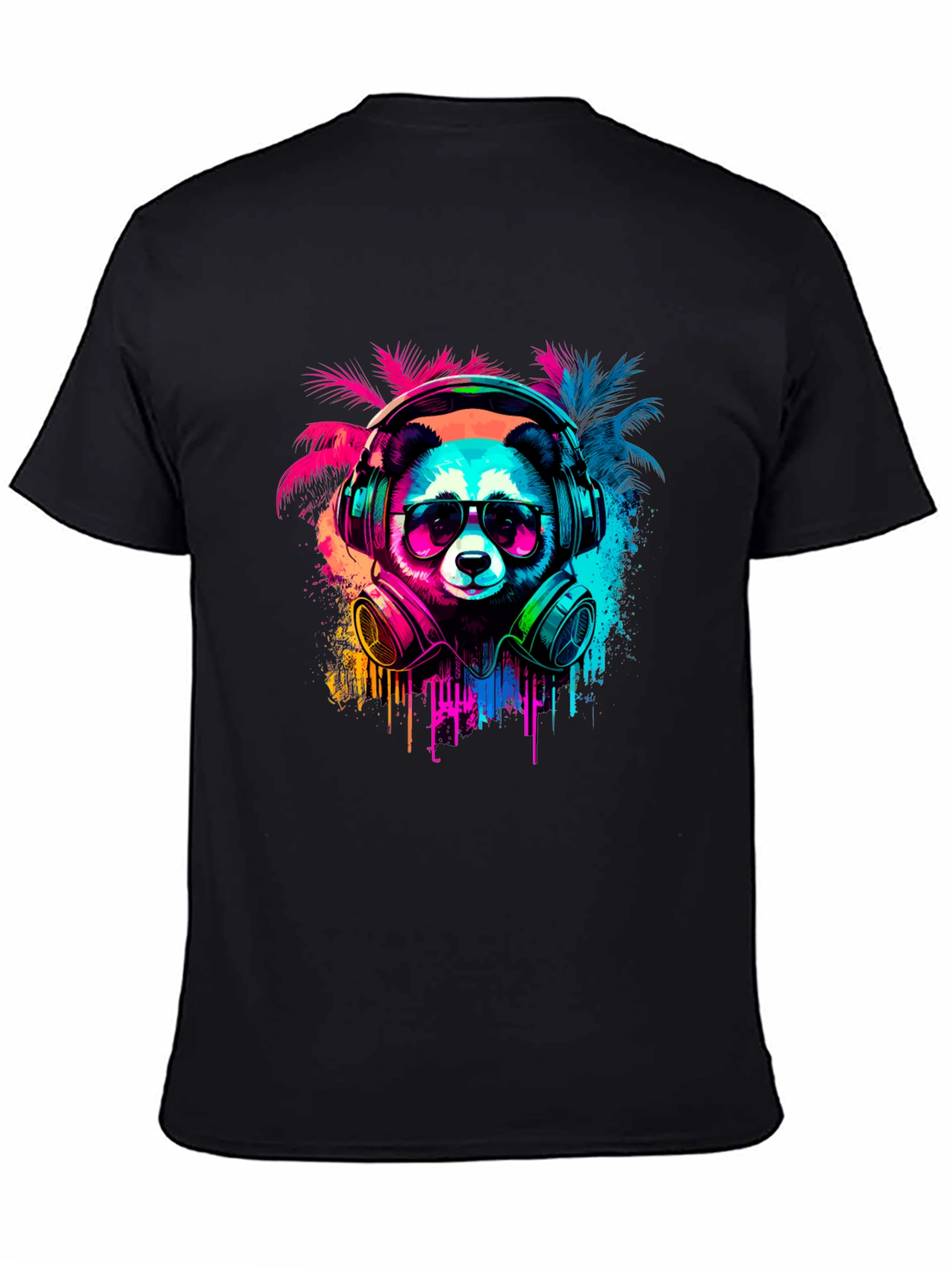 Black Neon Panda Headphones Graphic Tee view 4