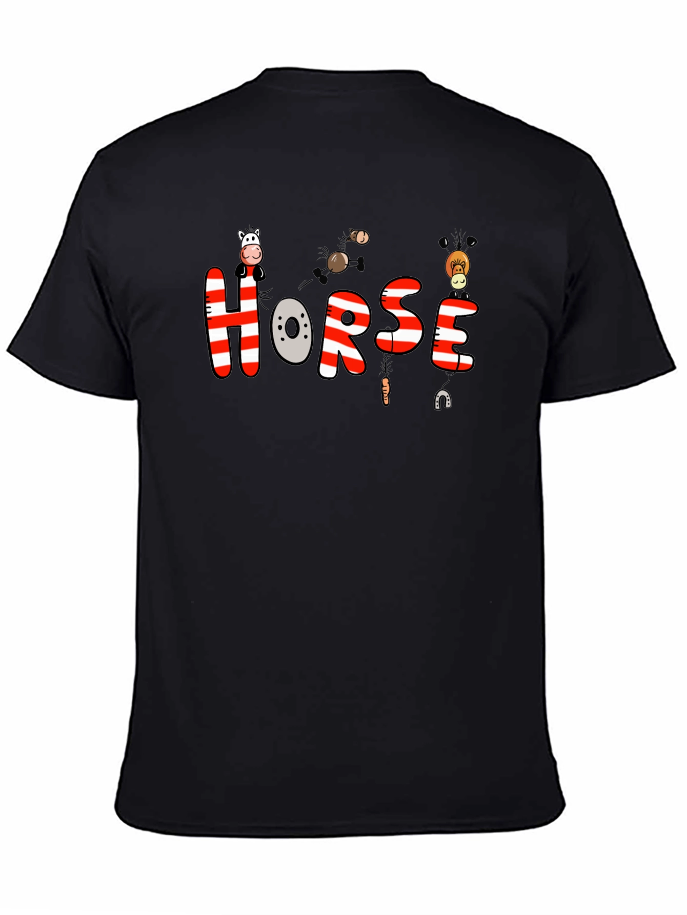 Black Cartoon Horse Graphic Tee - Black Cotton T-Shirt view 4