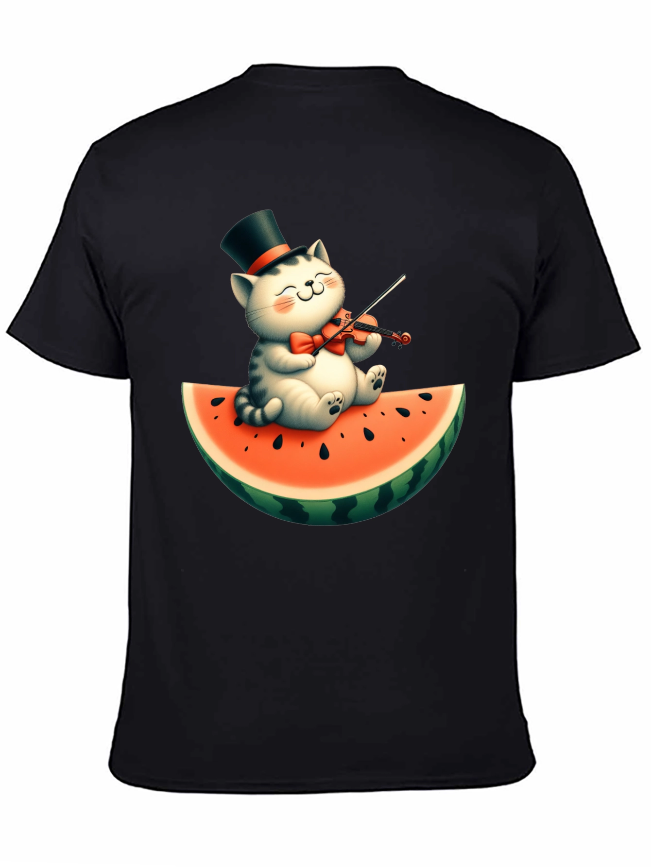 Black Cat Playing Violin on Watermelon Graphic Tee view 4