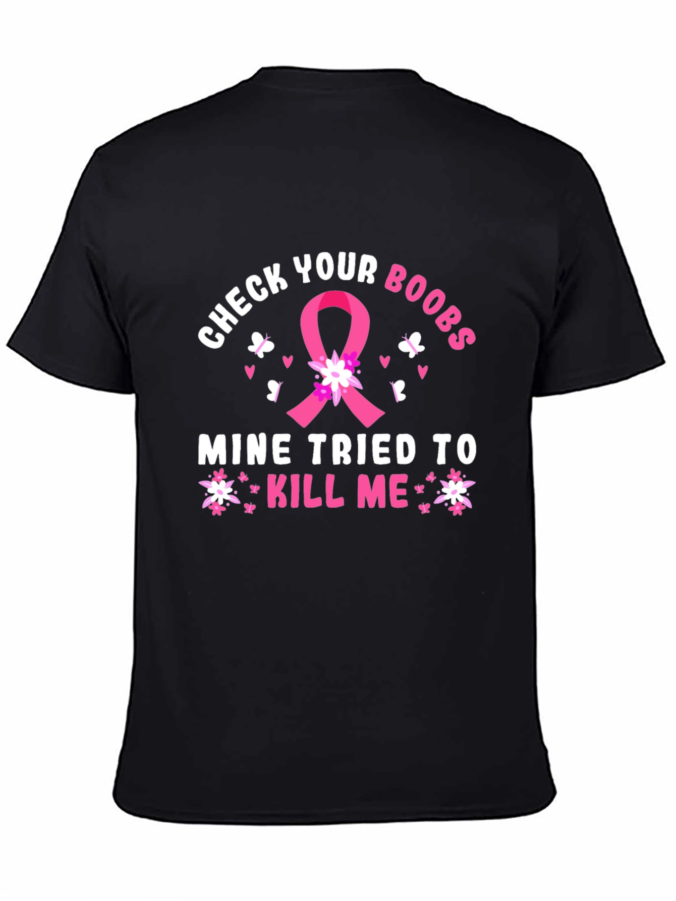 Black Check Your Boobs Breast Cancer Awareness T-Shirt view 4
