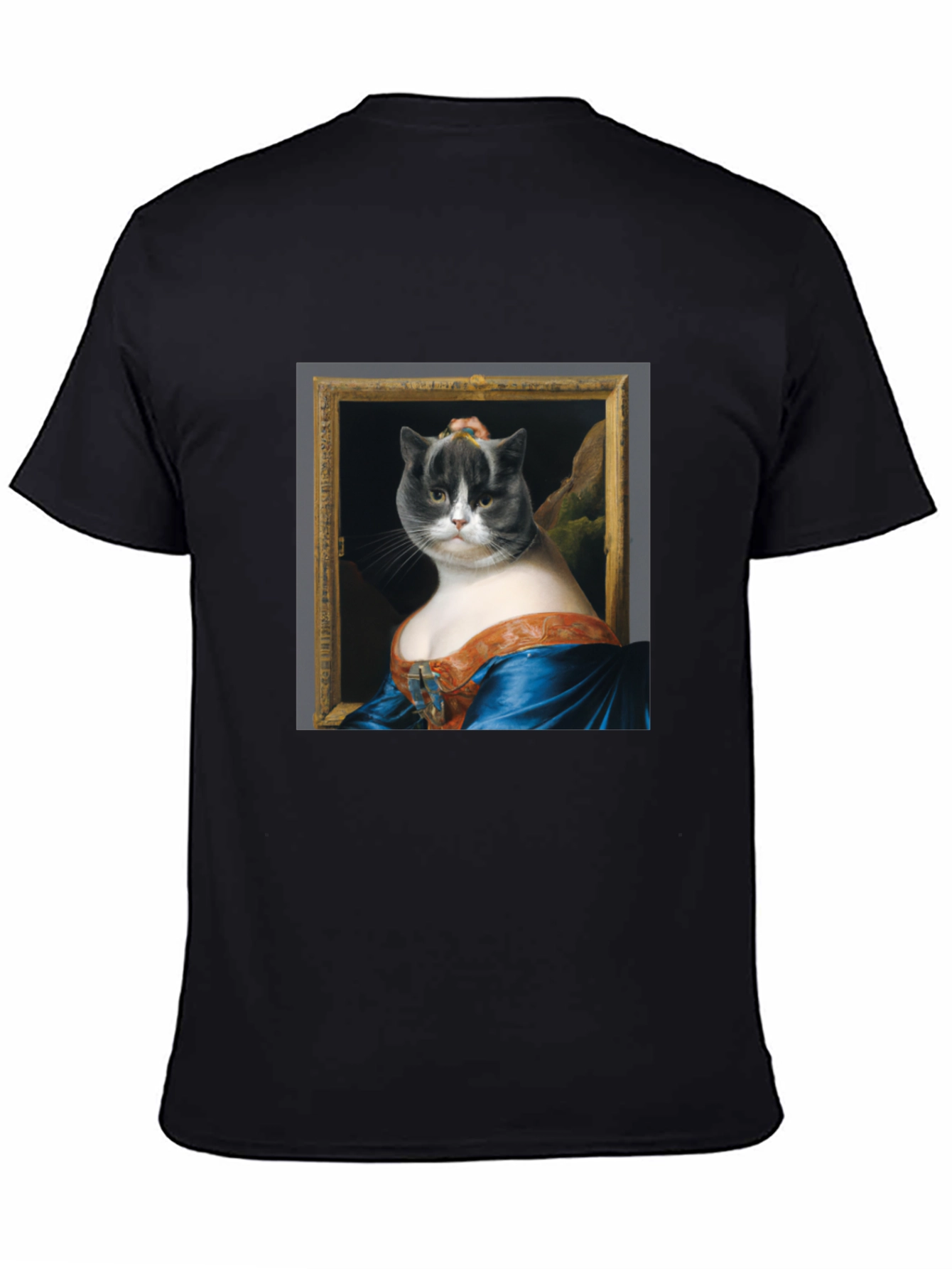 Black Mona Lisa Cat Portrait Graphic Tee - Black Cotton T-Shirt view 4