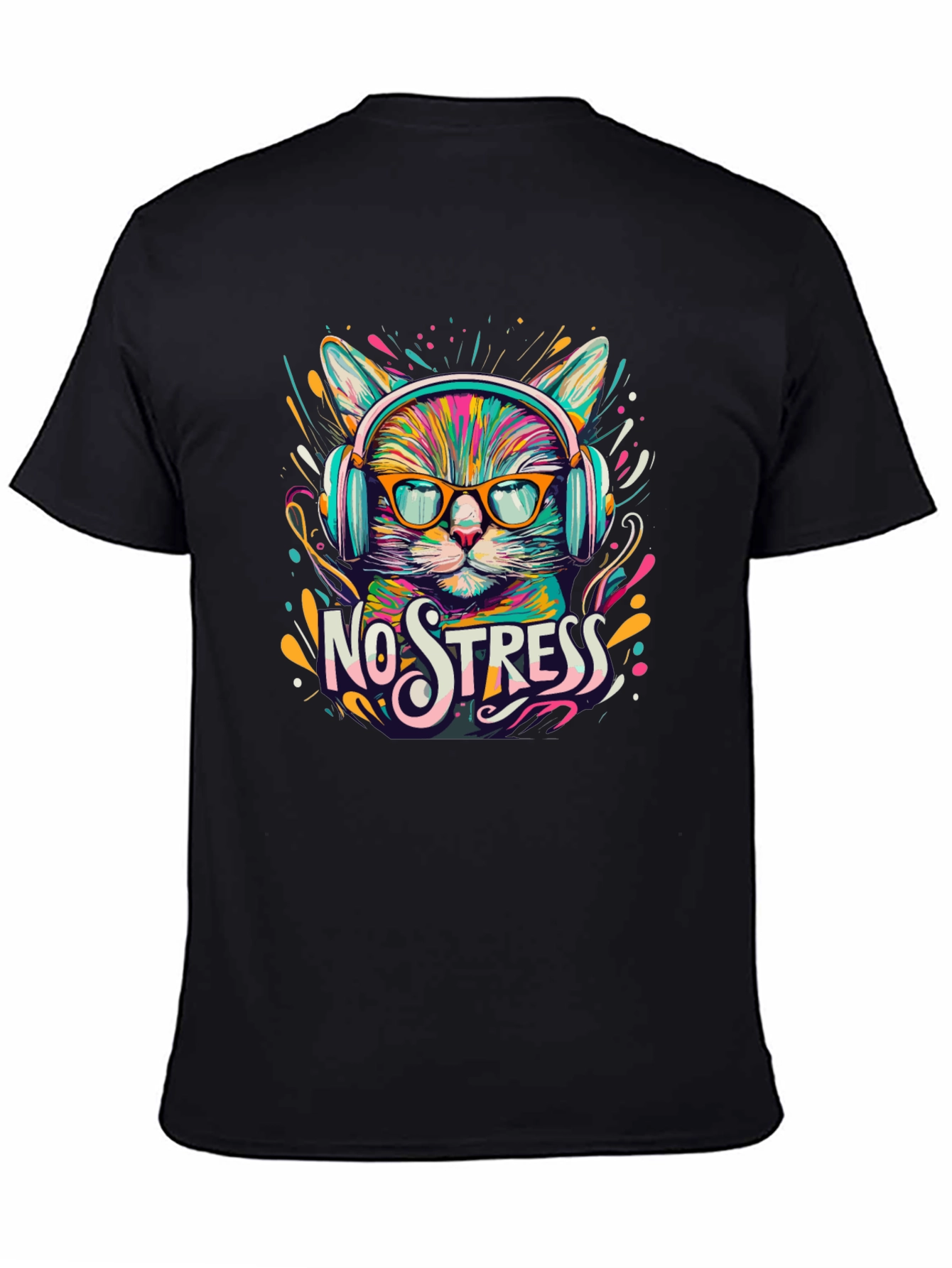 Black No Stress Cat T-Shirt view 4