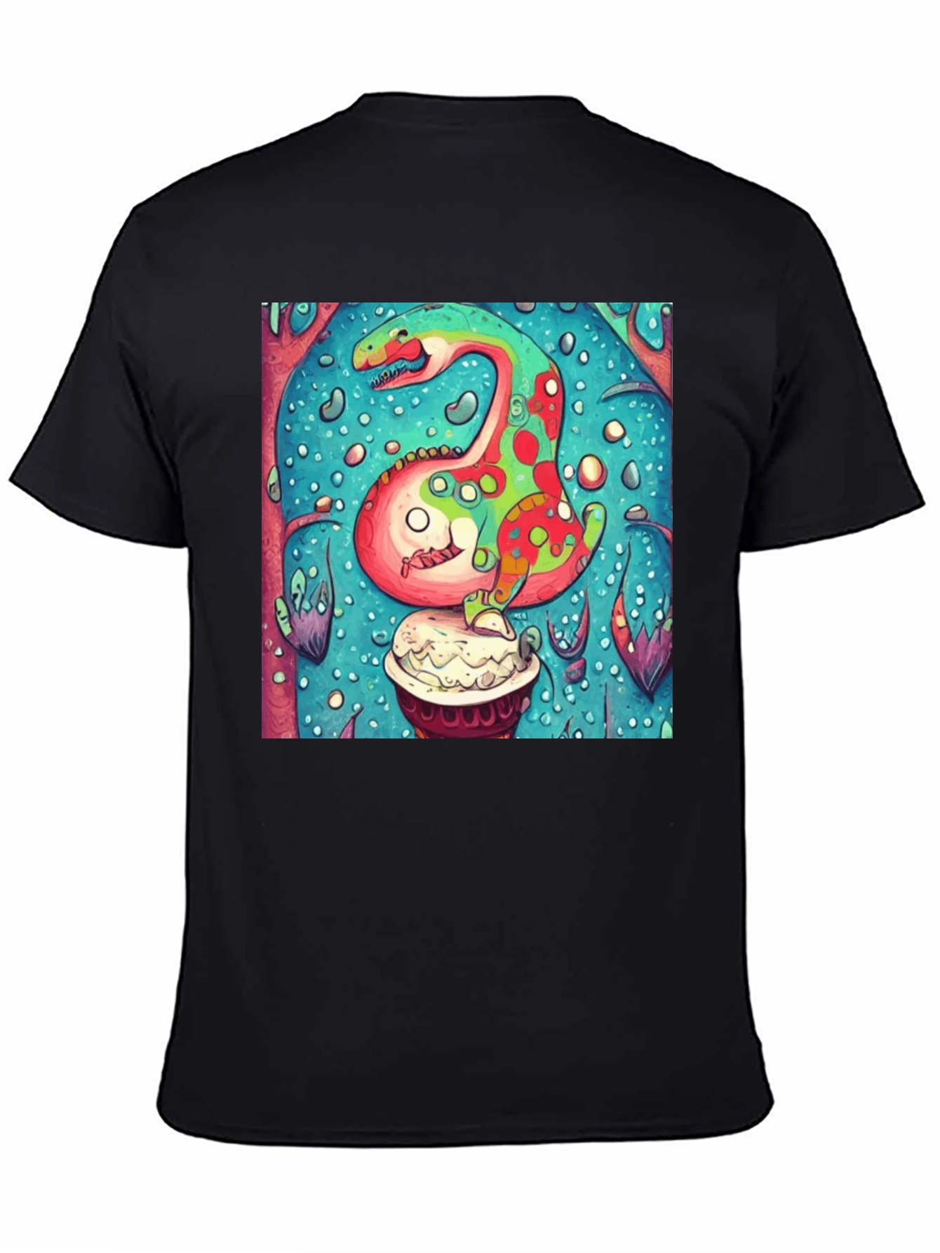 Black Dinosaur Cupcake Graphic T-Shirt - Unique Art Tee view 4