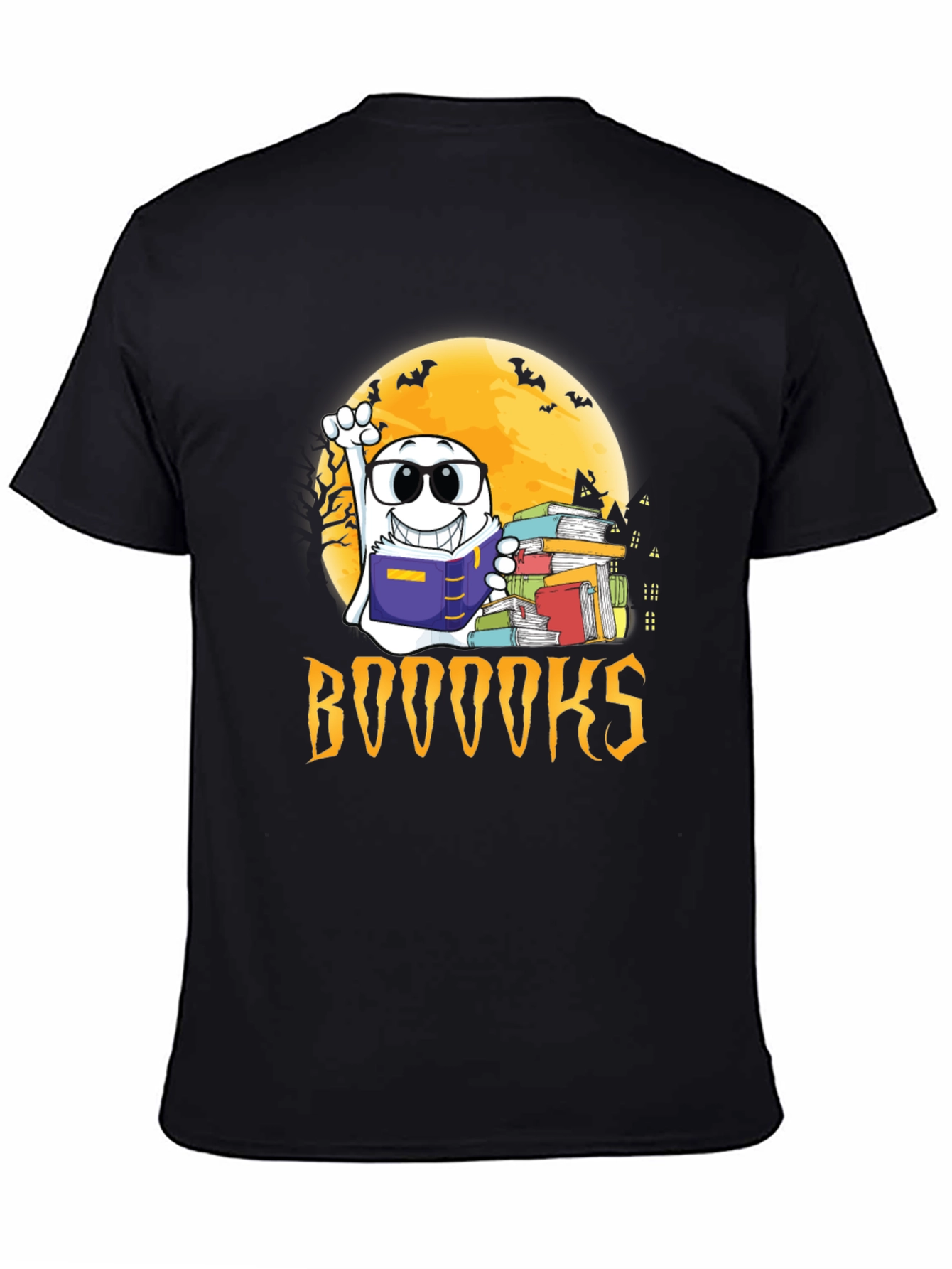 Black Halloween Ghost Reading BOOOOOKS T-Shirt view 4