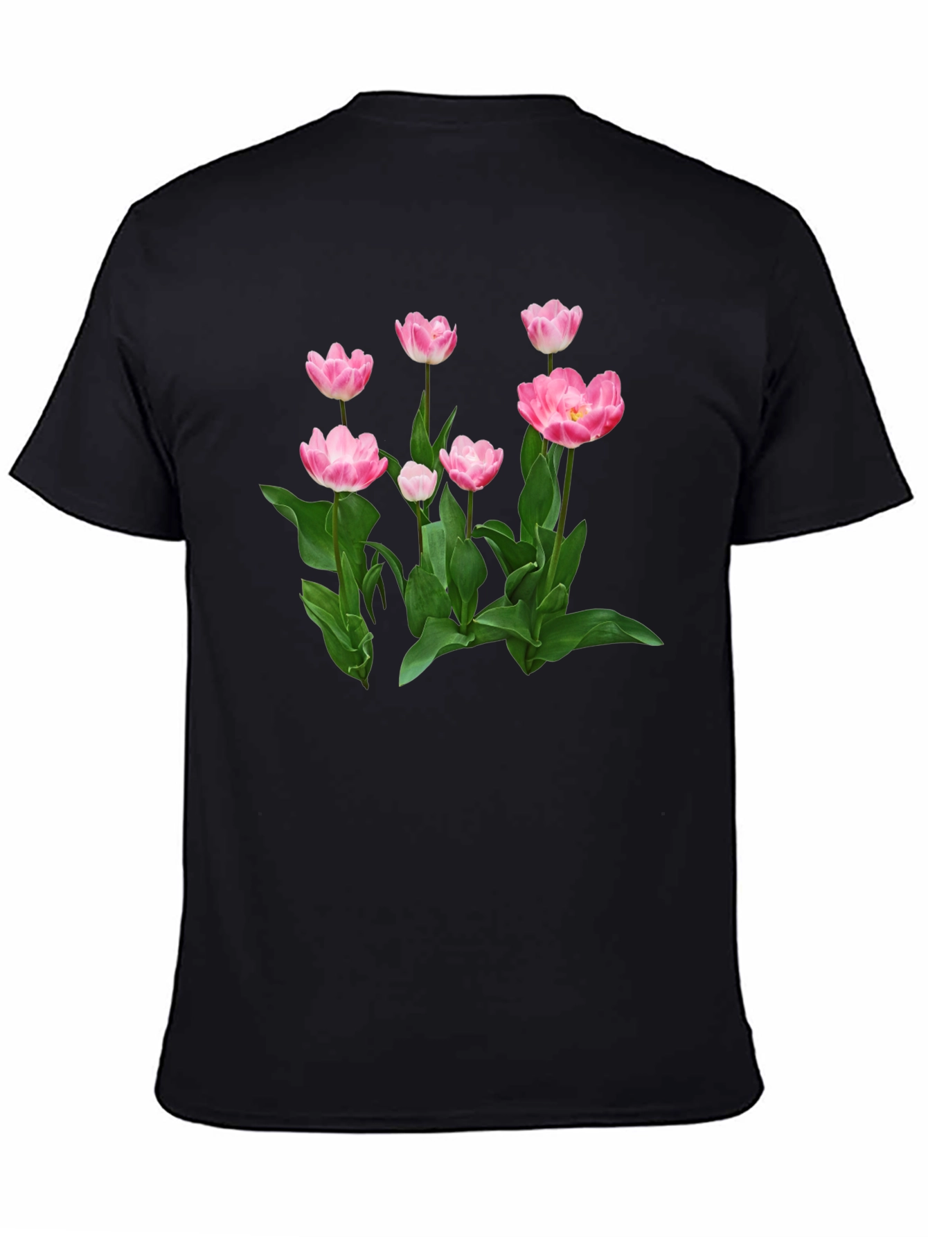 Black Floral Print T-Shirt - Pink Tulip Design view 4