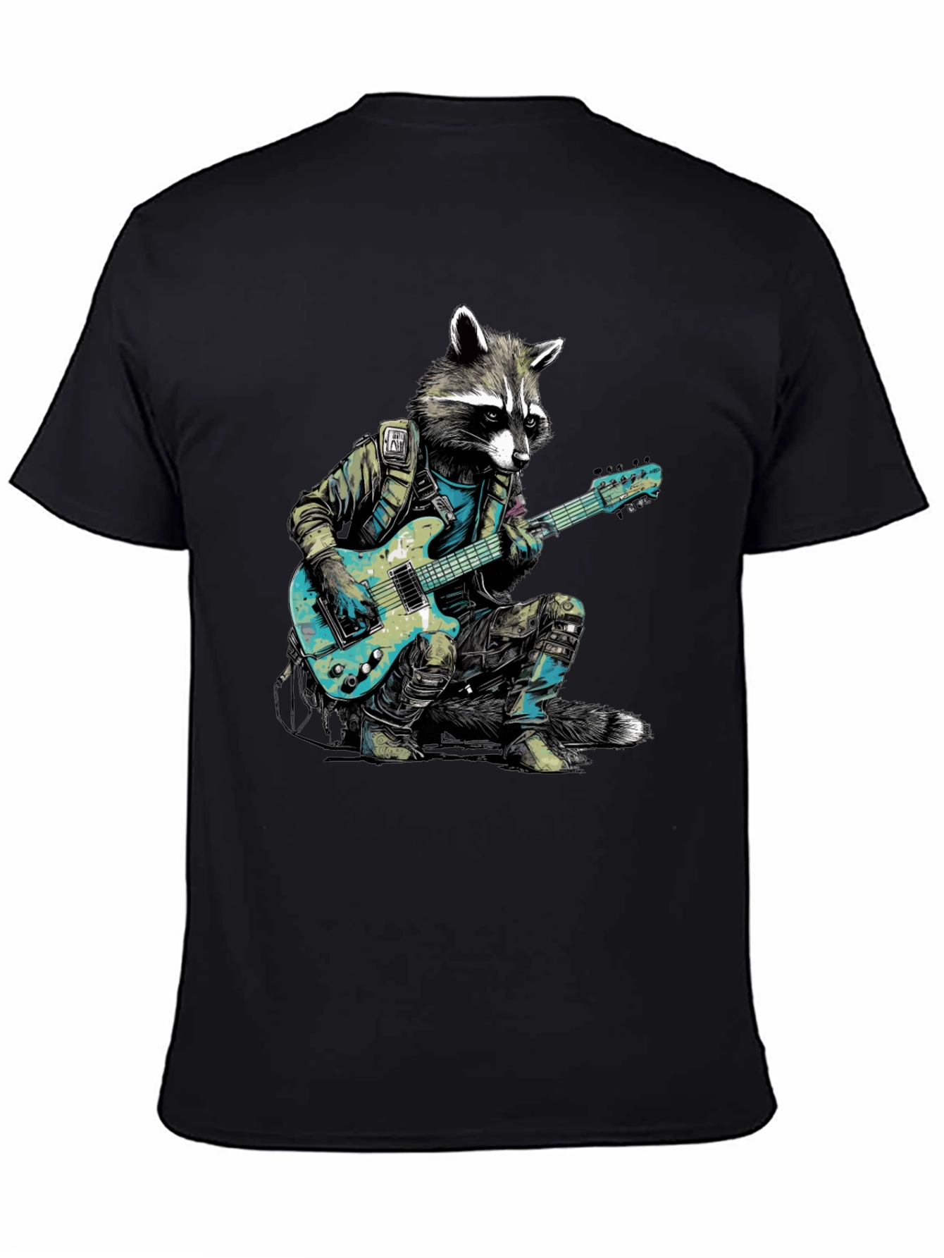 Black Raccoon Rocker Graphic Tee - Cool Animal Guitar T-Shirt view 4
