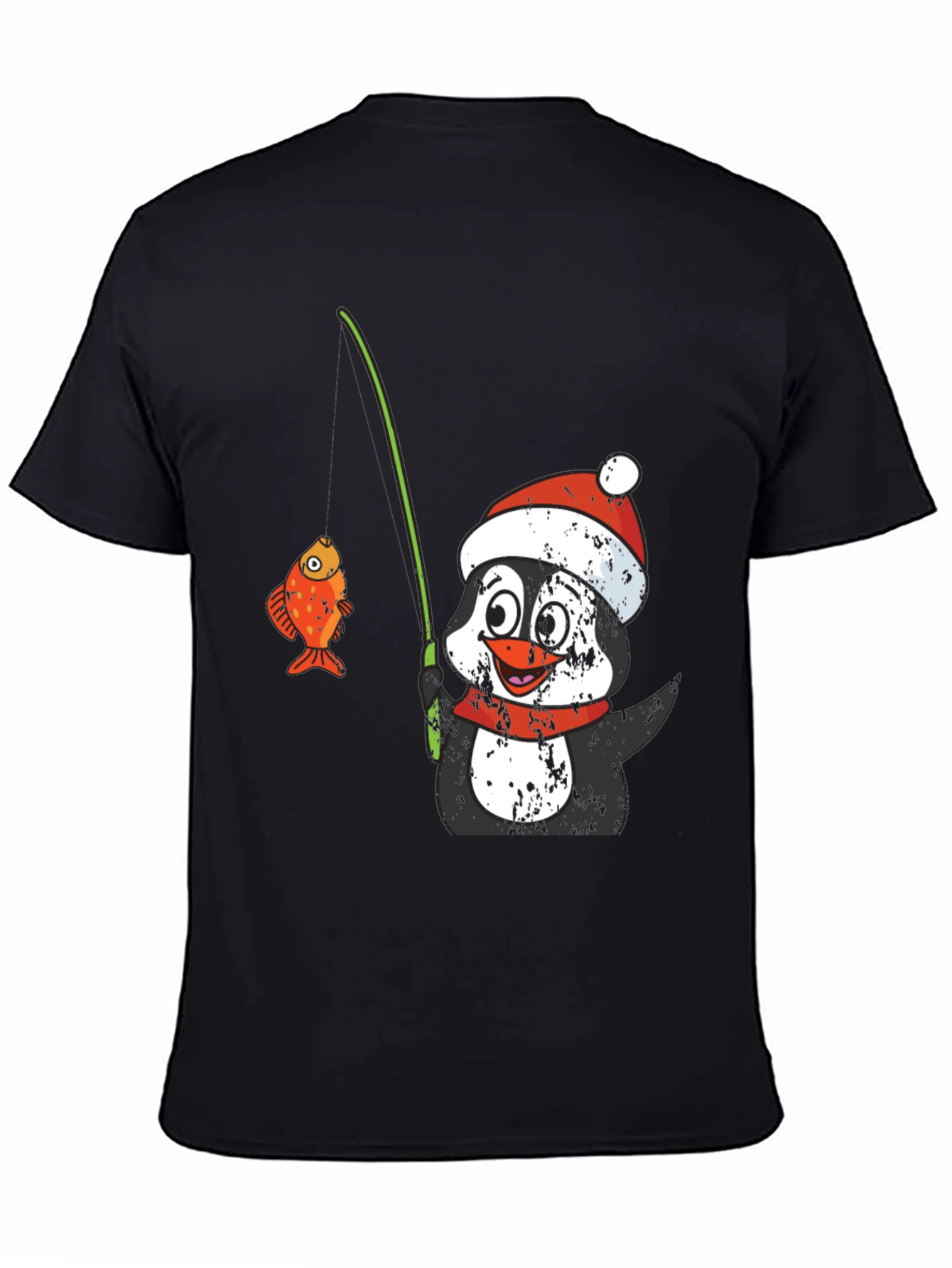 Black Penguin Fishing T-Shirt - Festive Holiday Wear view 4