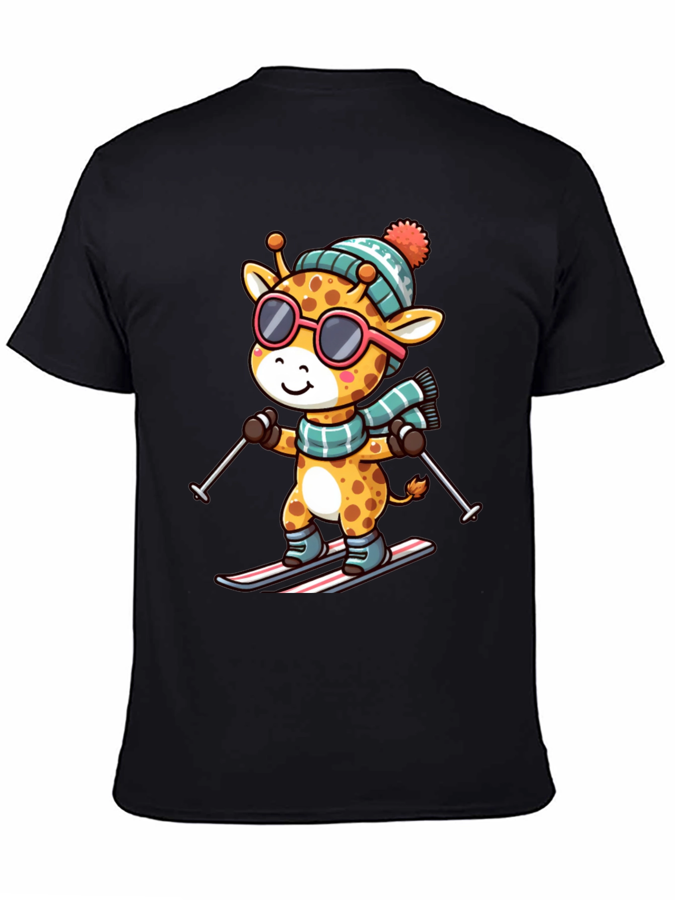 Black Giraffe Skiing T-Shirt - Fun Winter Apparel view 4