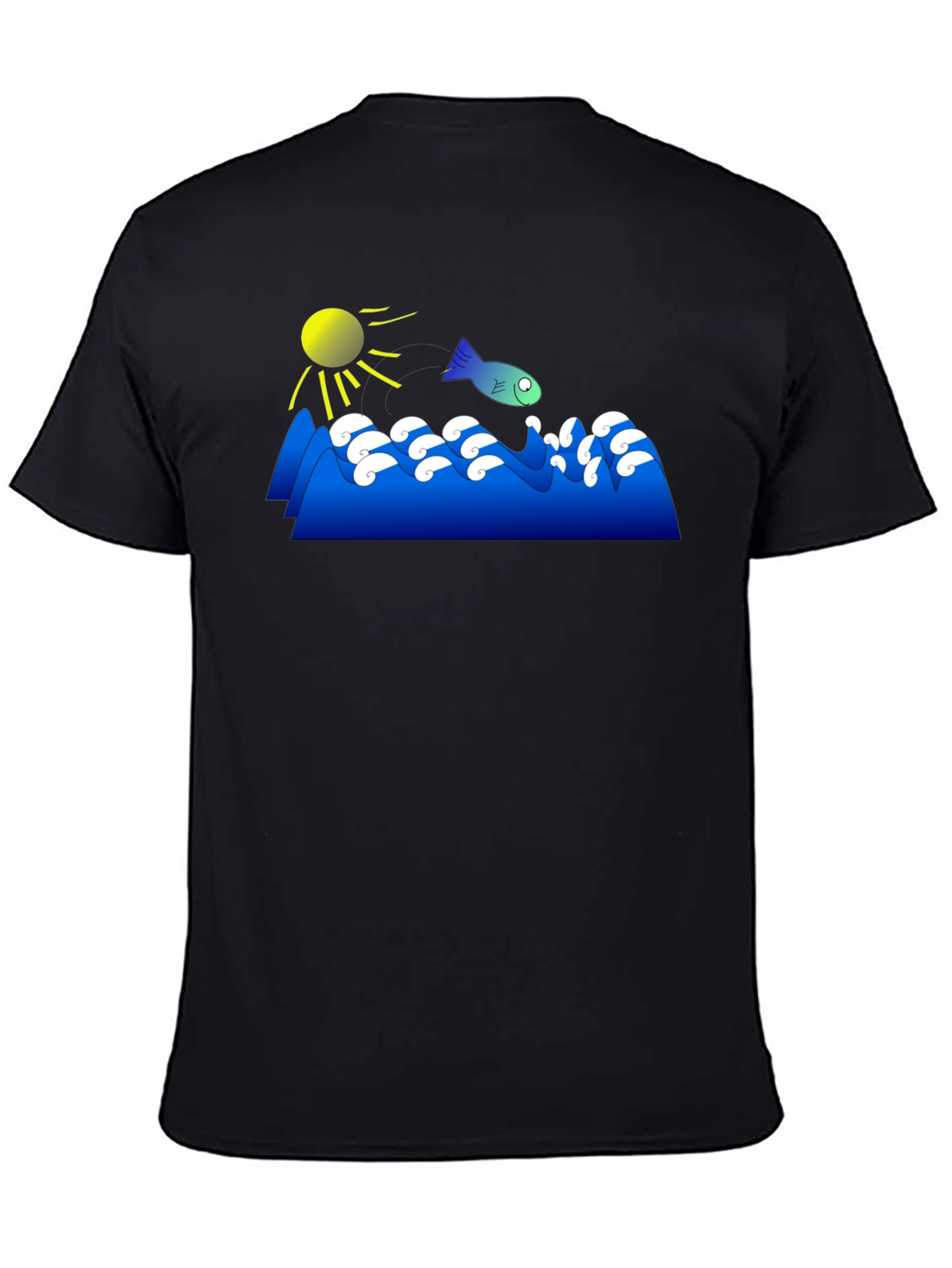 Black Cartoon Fish Jumping Waves Graphic Black T-Shirt view 4