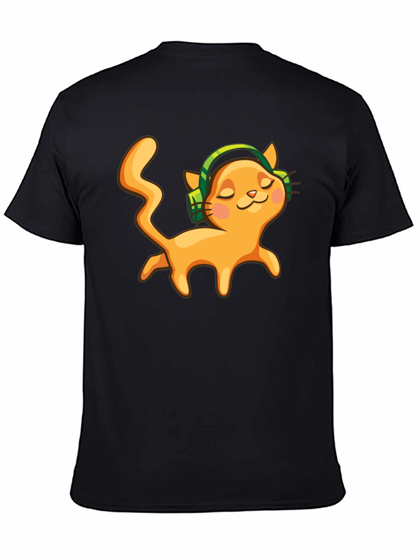 Black Cat with Headphones Black Graphic Tee view 4