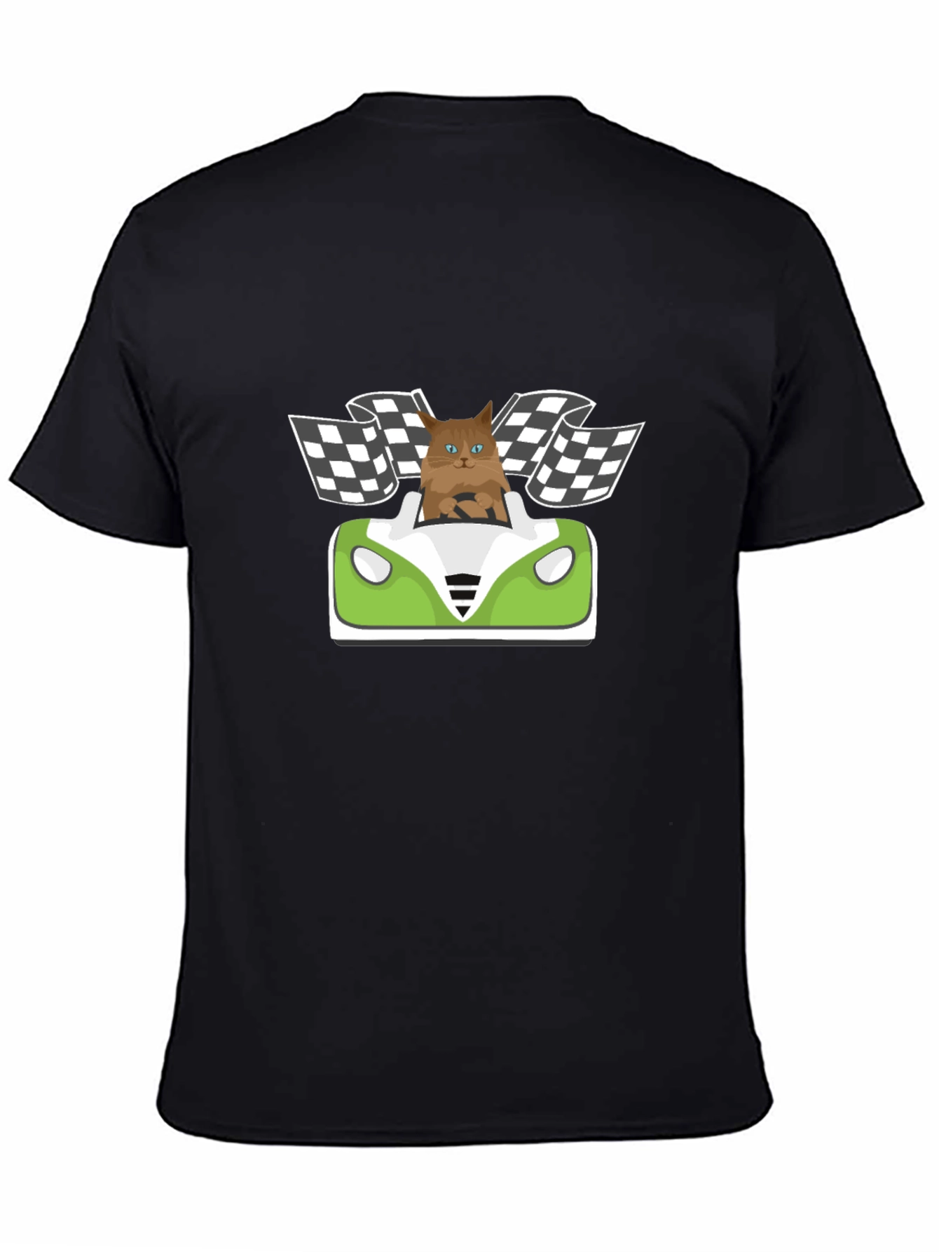 Black Cat Racer T-Shirt: Funny Cartoon Cat Driving view 4