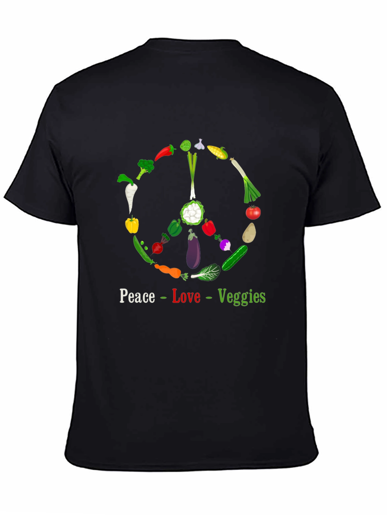 Black Peace Love Veggies T-Shirt - Vegetarian Vegan Apparel view 4