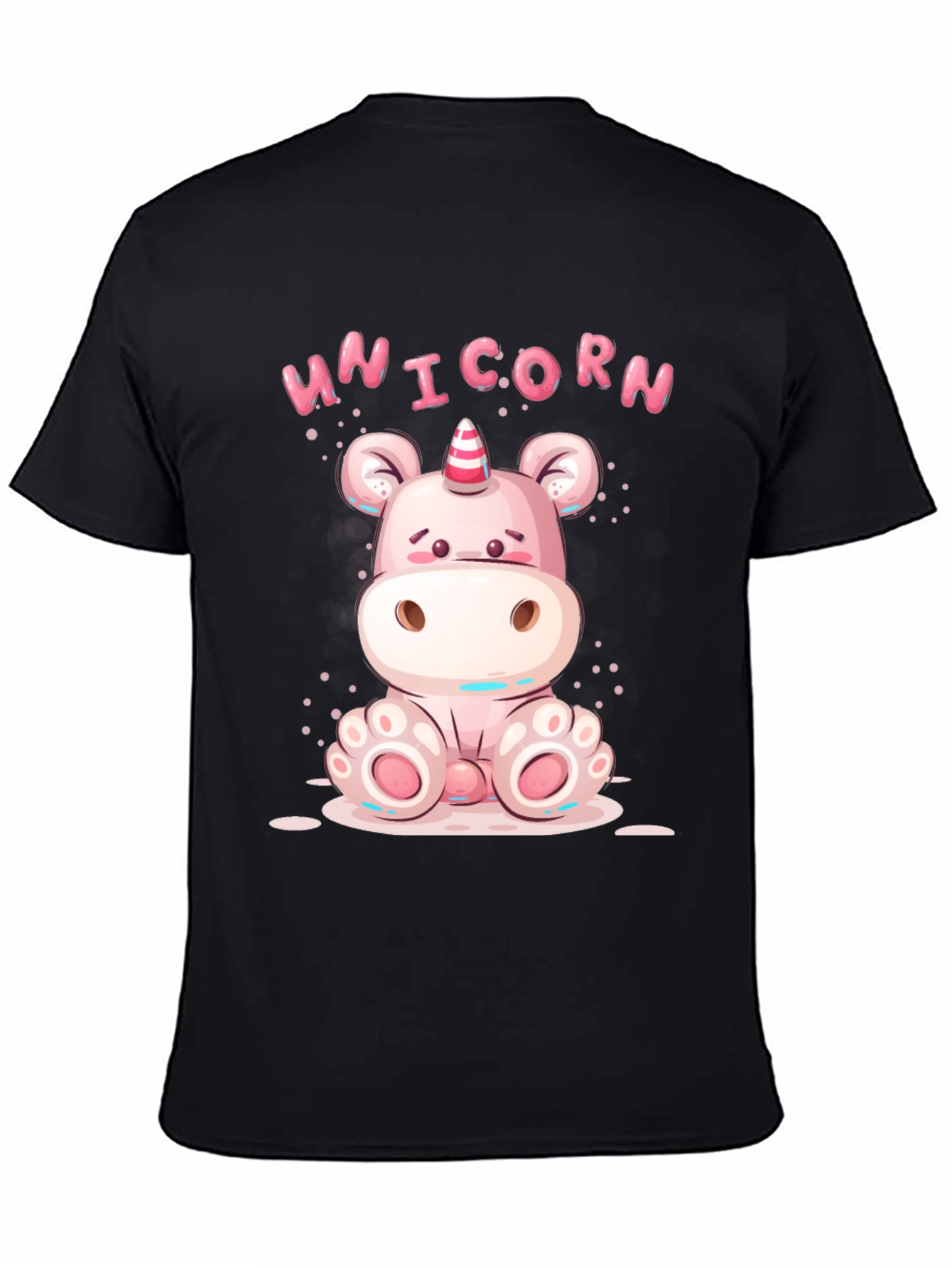 Black Cute Unicorn Cartoon Black T-Shirt view 4