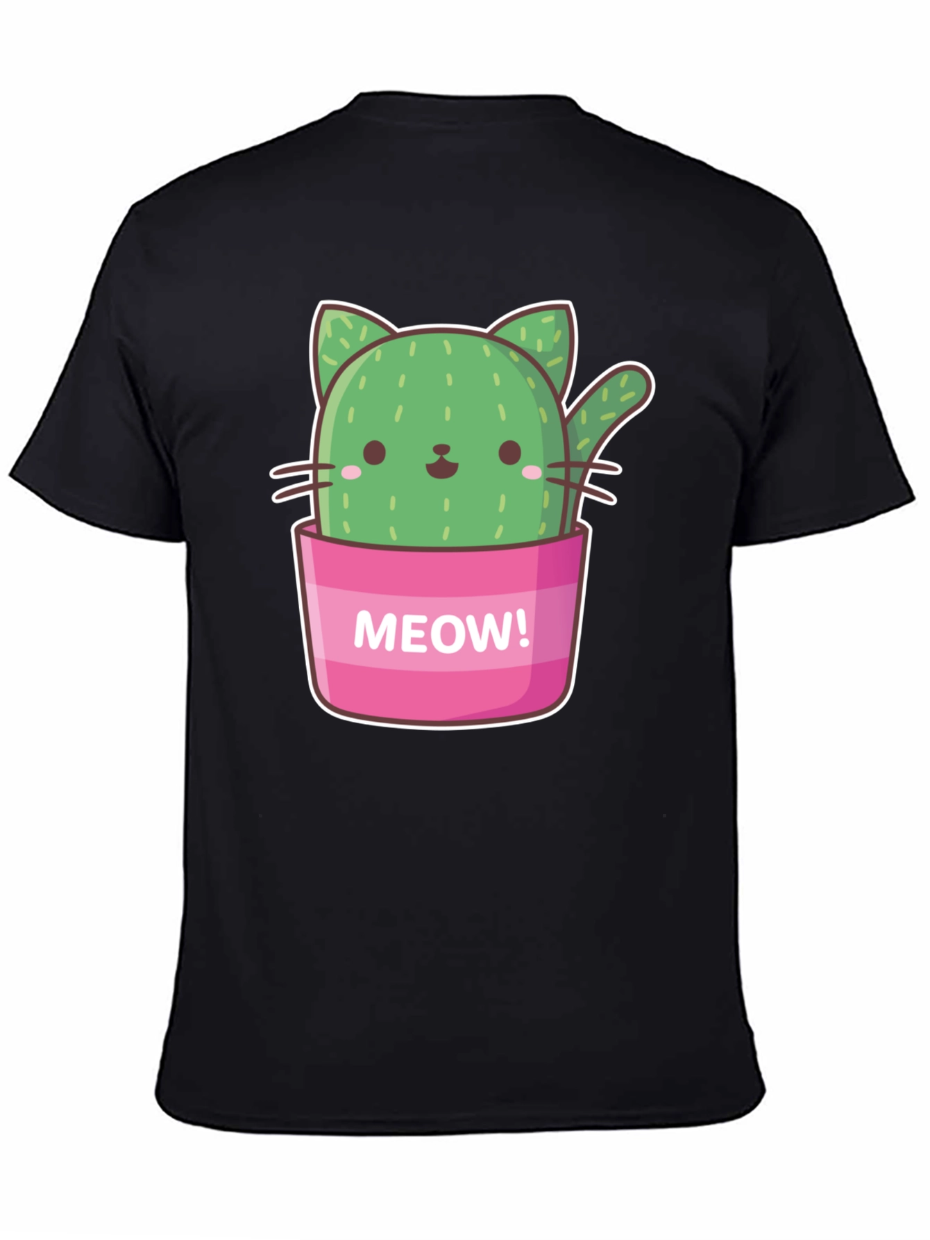 Black Cactus Cat Graphic T-Shirt - "Meow!" Design view 4