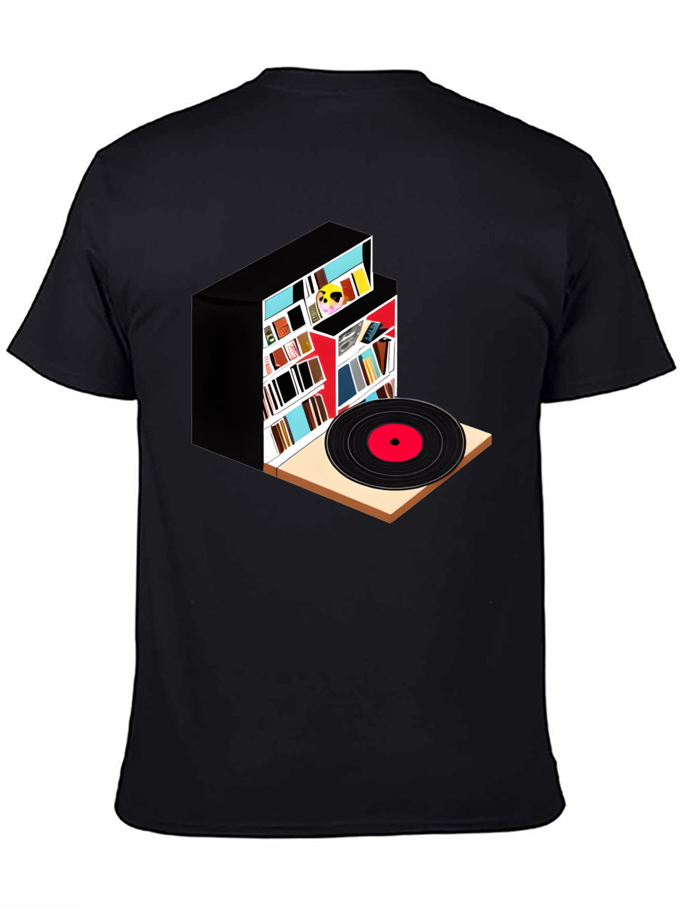Black Bookcase and Vinyl Record T-Shirt view 4