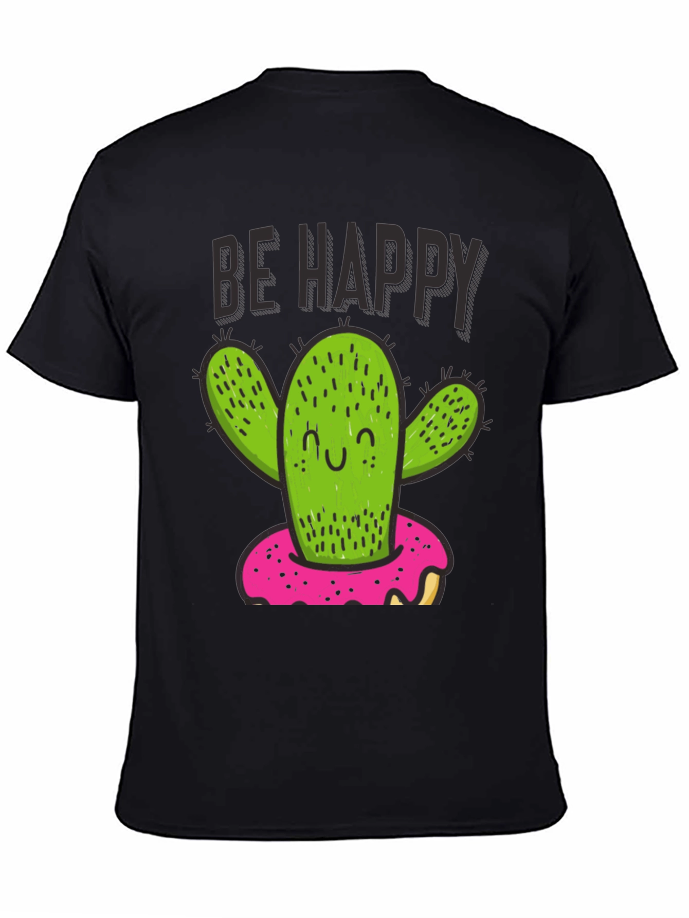 Black Be Happy Cactus Doughnut Graphic T-Shirt view 4