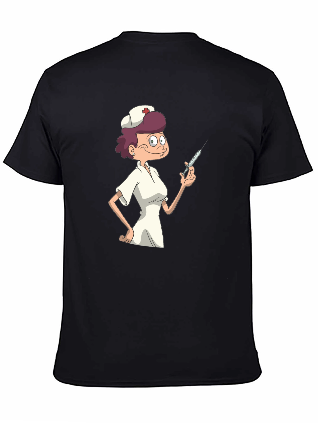 Black Nurse Cartoon Graphic T-Shirt - Black Casual Tee view 4